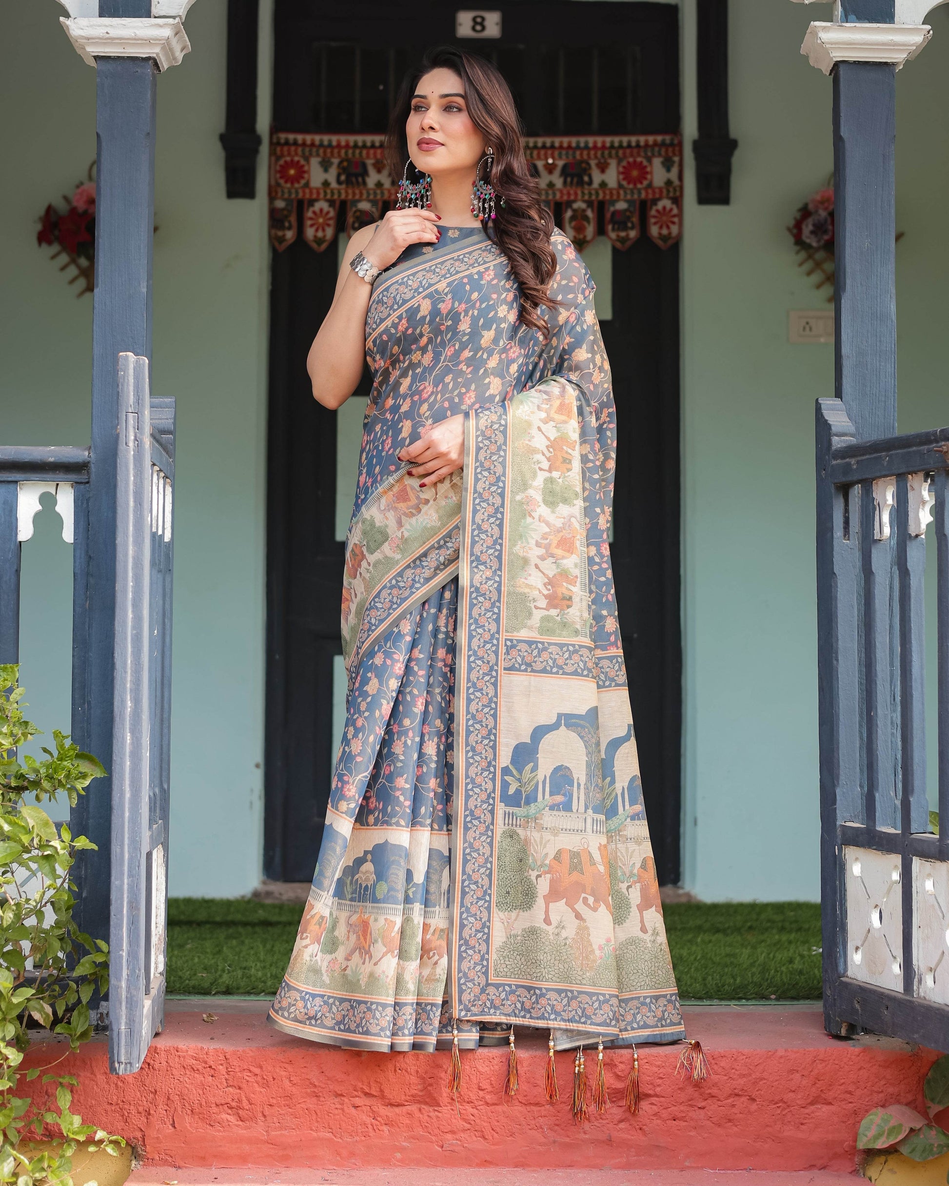 Steel Blue with Floral Patterns Linen Cotton Handloom Printed Saree, Heritage-Inspired Pallu, and Tassels - SEEANS