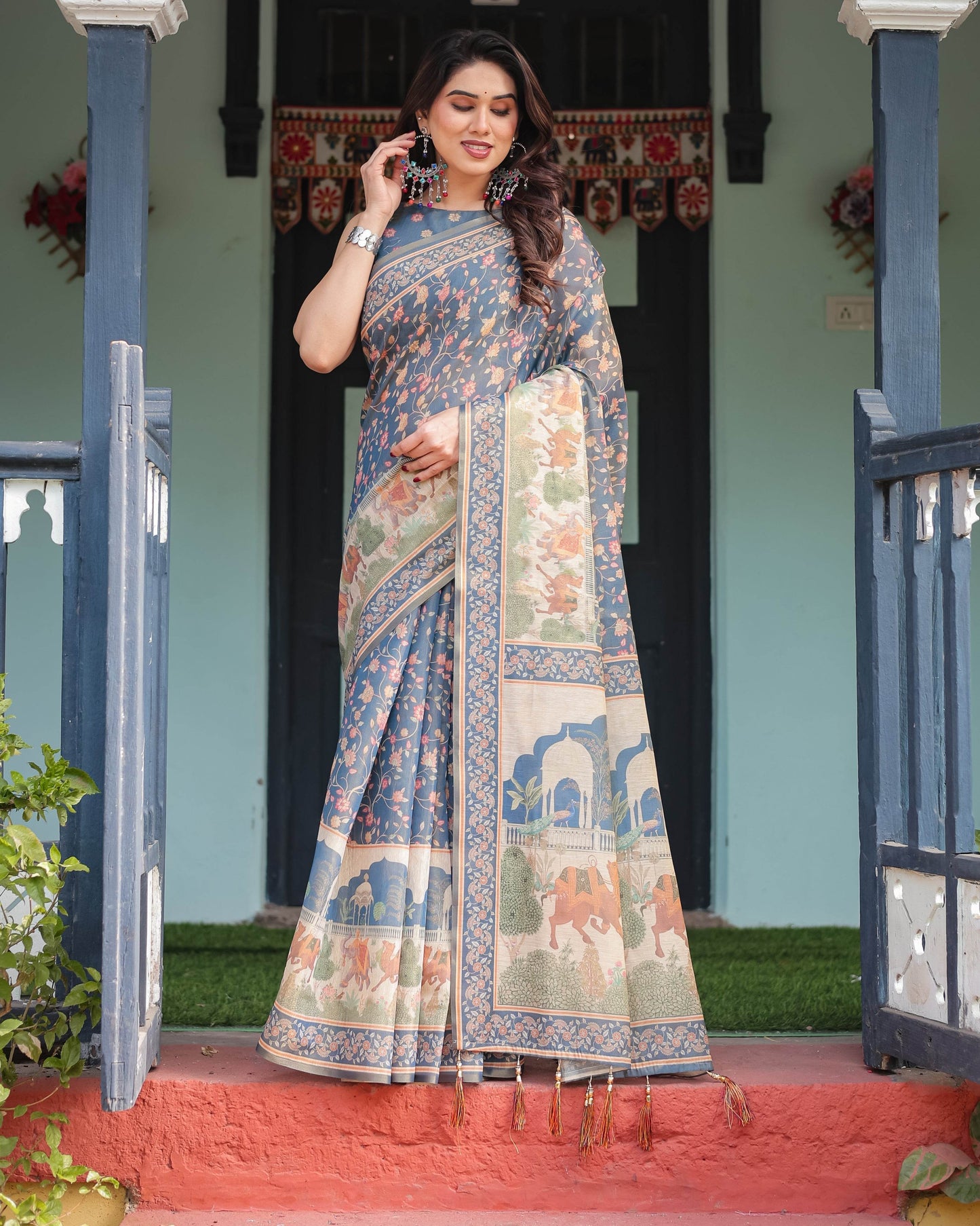 Steel Blue with Floral Patterns Linen Cotton Handloom Printed Saree, Heritage-Inspired Pallu, and Tassels - SEEANS