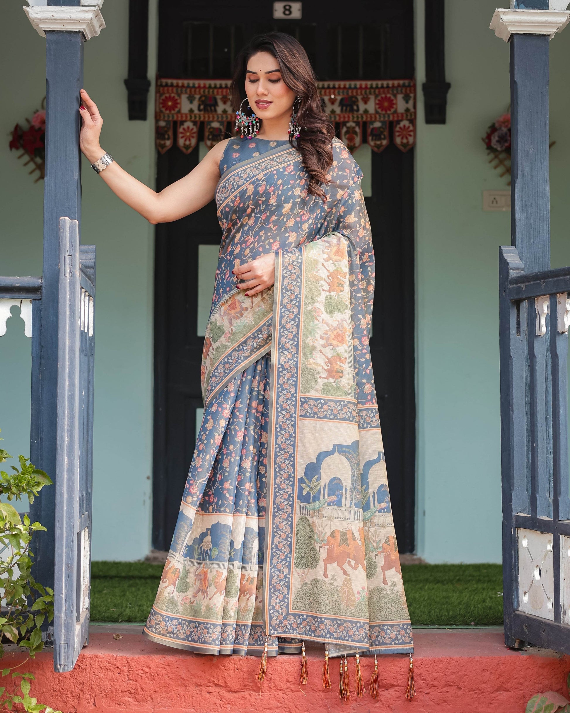 Steel Blue with Floral Patterns Linen Cotton Handloom Printed Saree, Heritage-Inspired Pallu, and Tassels - SEEANS