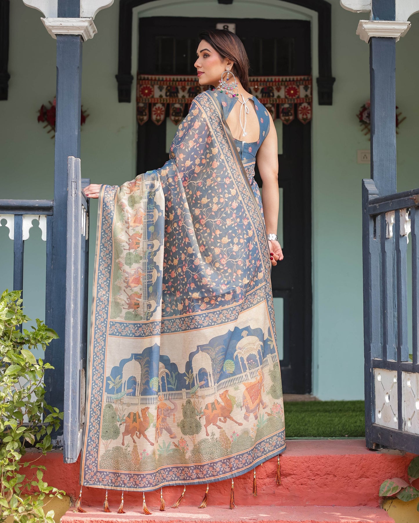 Steel Blue with Floral Patterns Linen Cotton Handloom Printed Saree, Heritage-Inspired Pallu, and Tassels - SEEANS