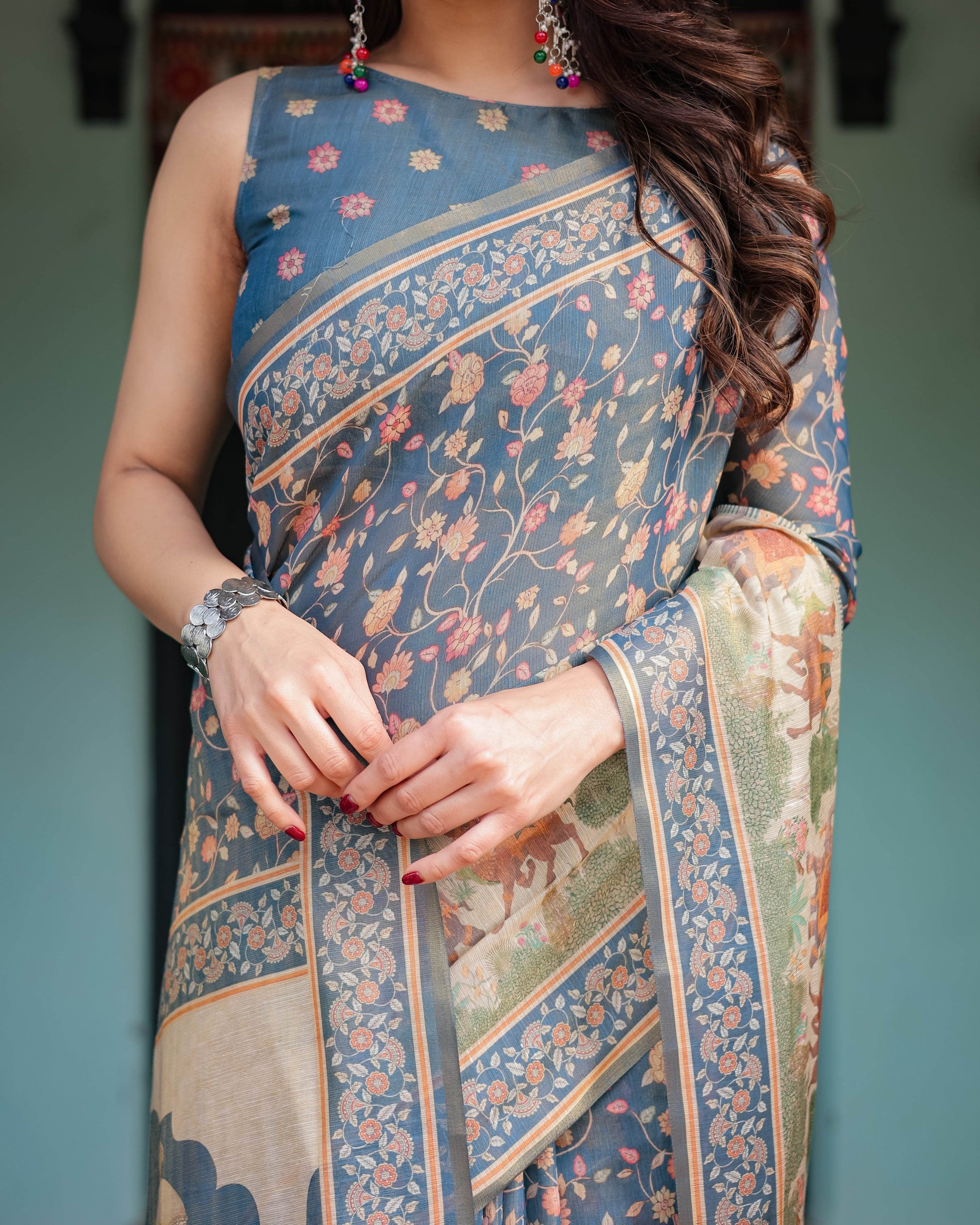 Steel Blue with Floral Patterns Linen Cotton Handloom Printed Saree, Heritage-Inspired Pallu, and Tassels - SEEANS