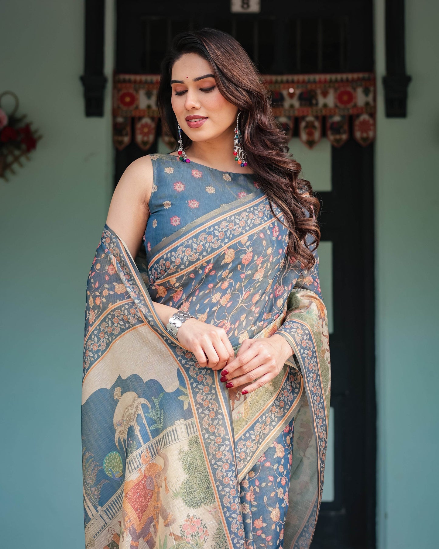 Steel Blue with Floral Patterns Linen Cotton Handloom Printed Saree, Heritage-Inspired Pallu, and Tassels - SEEANS