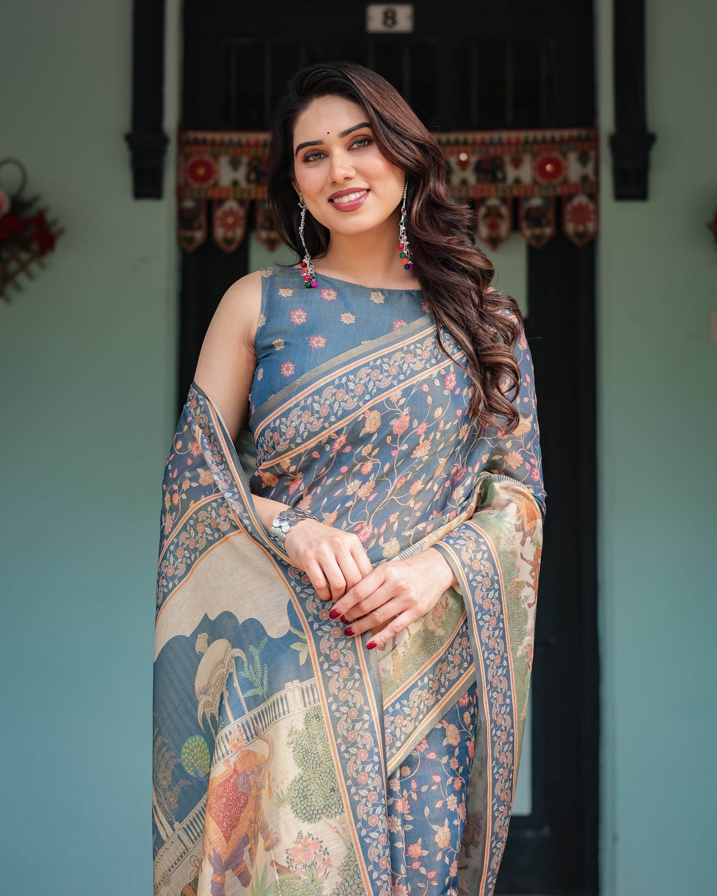 Steel Blue with Floral Patterns Linen Cotton Handloom Printed Saree, Heritage-Inspired Pallu, and Tassels - SEEANS