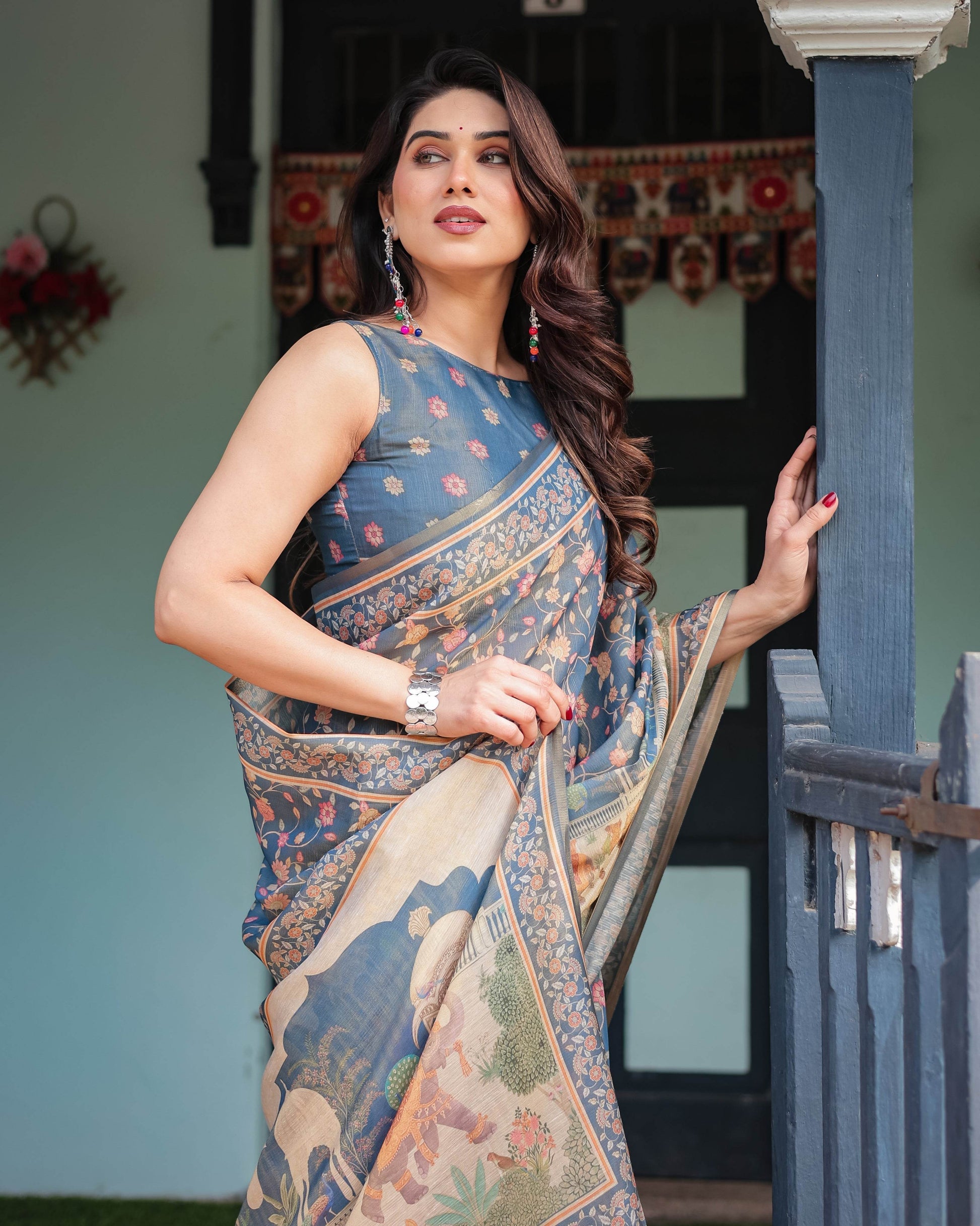 Steel Blue with Floral Patterns Linen Cotton Handloom Printed Saree, Heritage-Inspired Pallu, and Tassels - SEEANS