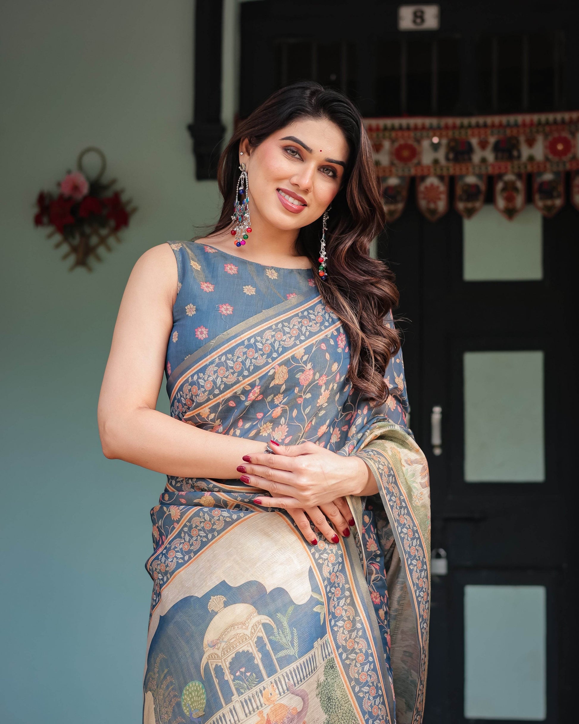 Steel Blue with Floral Patterns Linen Cotton Handloom Printed Saree, Heritage-Inspired Pallu, and Tassels - SEEANS