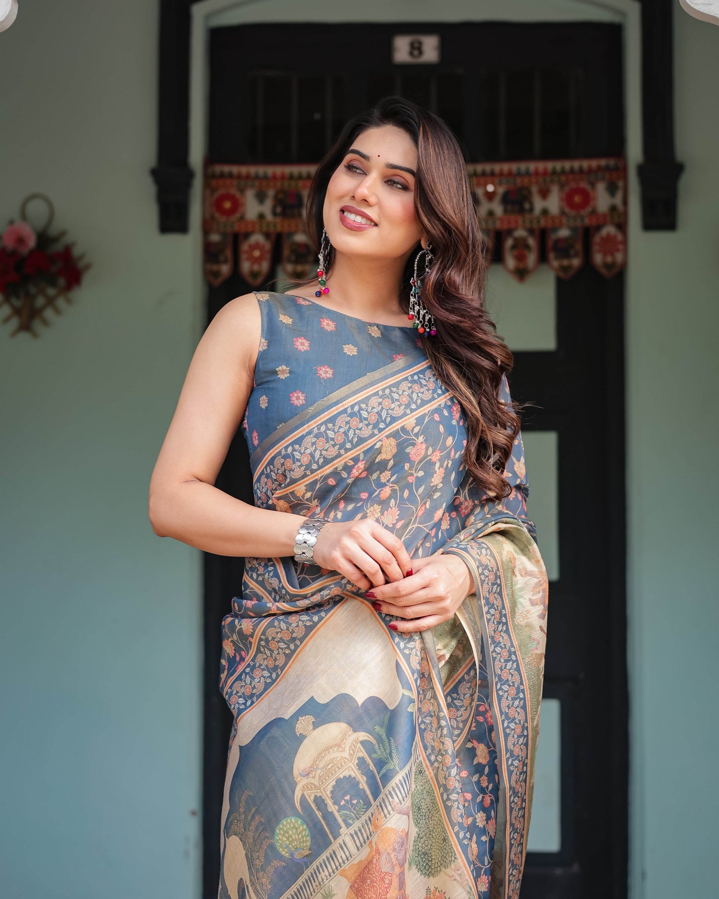 Steel Blue with Floral Patterns Linen Cotton Handloom Printed Saree, Heritage-Inspired Pallu, and Tassels - SEEANS