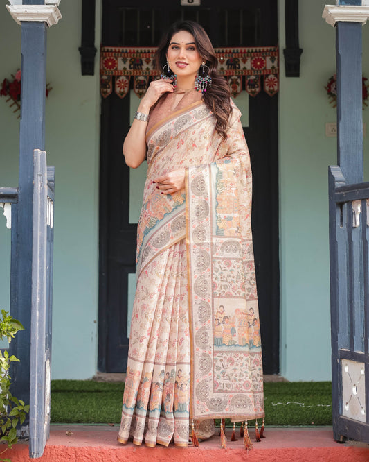 Ivory with Floral Prints Linen Cotton Handloom Printed Saree, Festive Procession Pallu, and Tassels - SEEANS