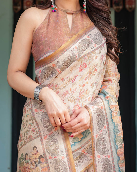 Ivory with Floral Prints Linen Cotton Handloom Printed Saree, Festive Procession Pallu, and Tassels - SEEANS