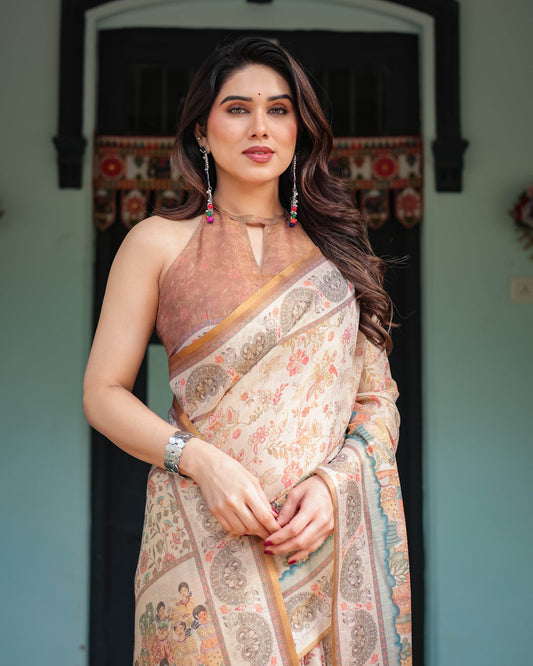 Ivory with Floral Prints Linen Cotton Handloom Printed Saree, Festive Procession Pallu, and Tassels - SEEANS