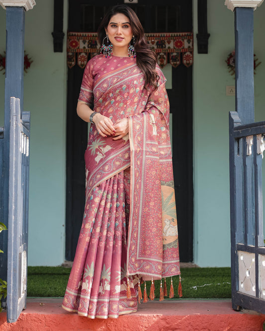 Mauve with Floral Motifs Linen Cotton Handloom Printed Saree, Pastoral Scene Pallu, and Tassels - SEEANS