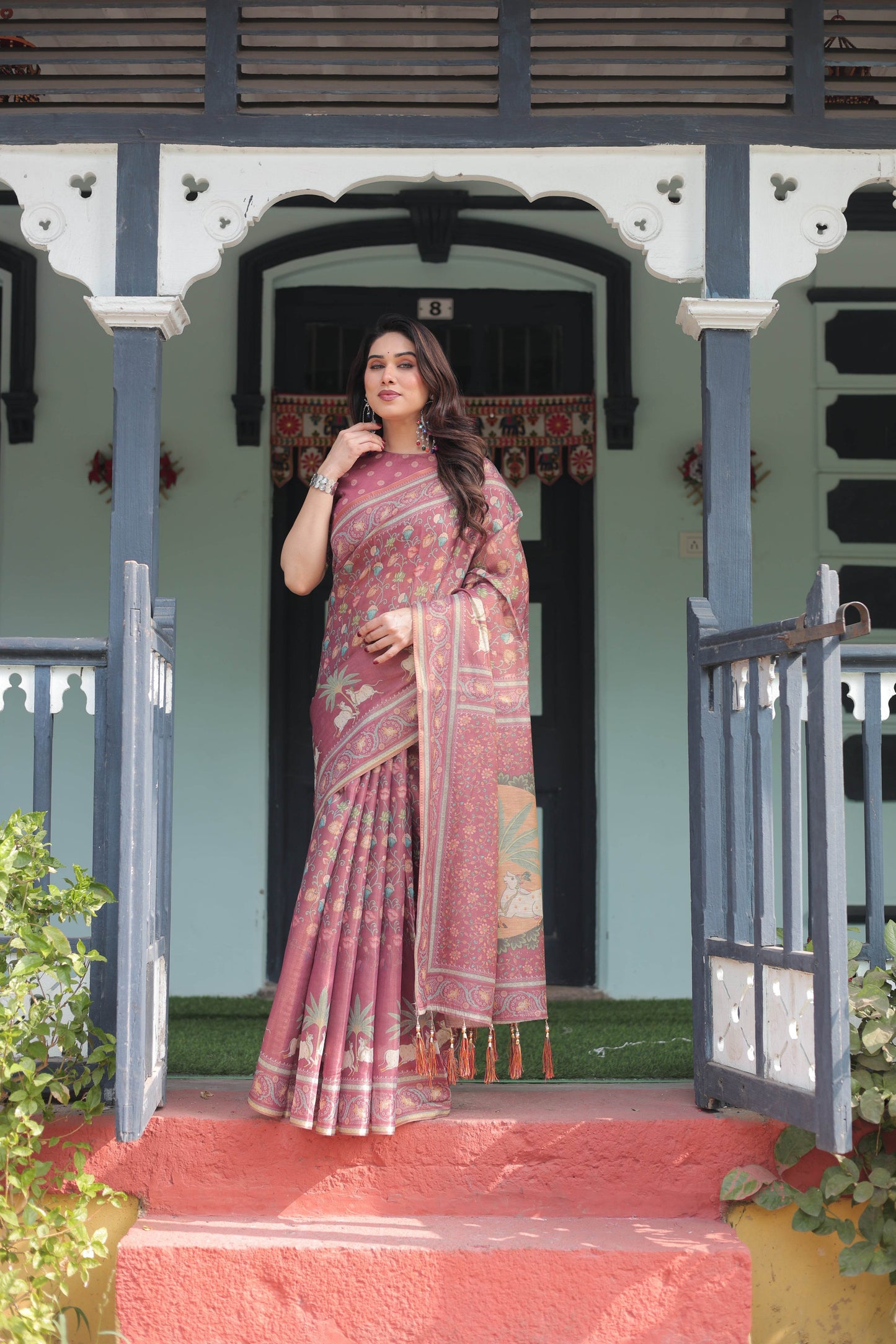 Mauve with Floral Motifs Linen Cotton Handloom Printed Saree, Pastoral Scene Pallu, and Tassels - SEEANS