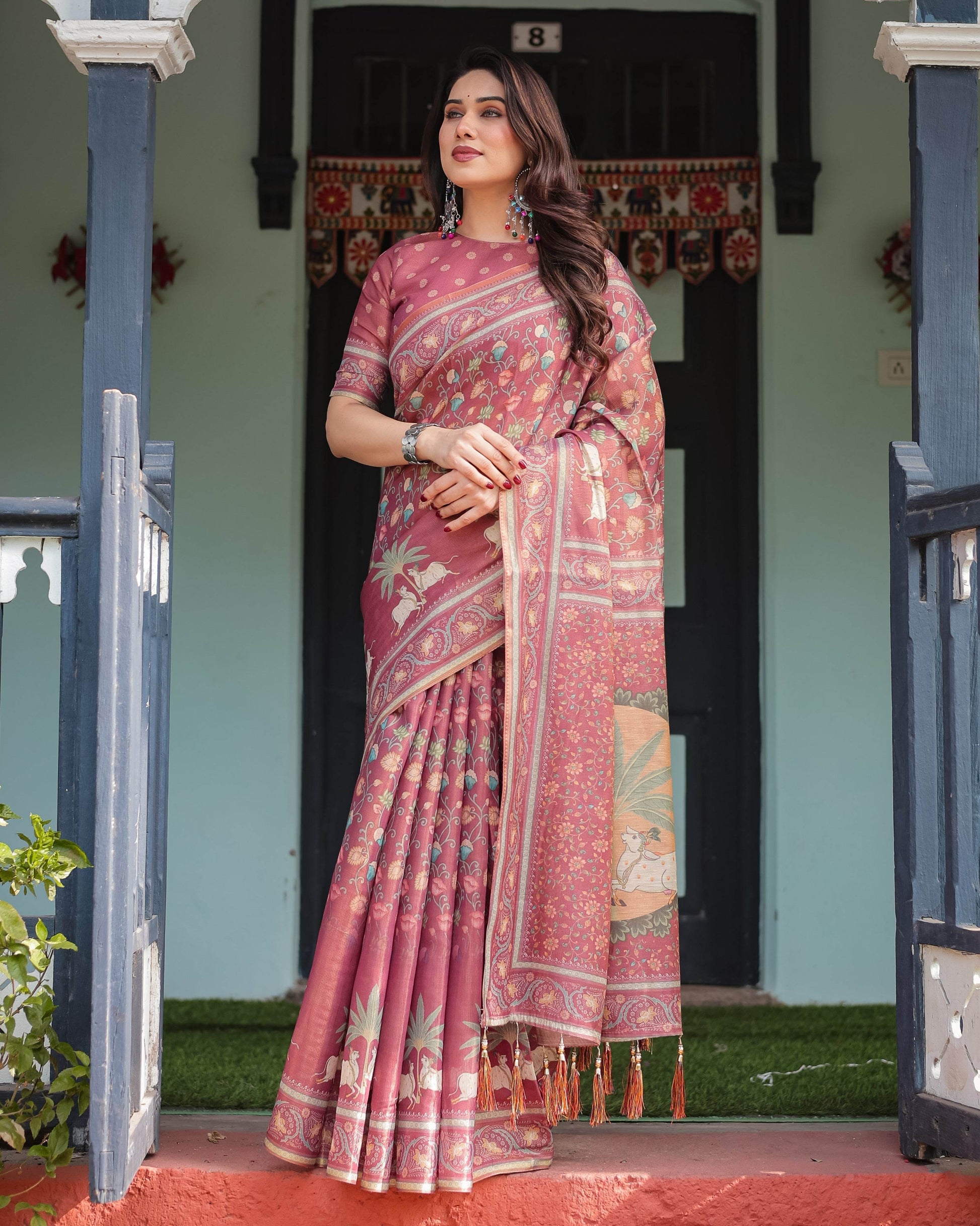 Mauve with Floral Motifs Linen Cotton Handloom Printed Saree, Pastoral Scene Pallu, and Tassels - SEEANS