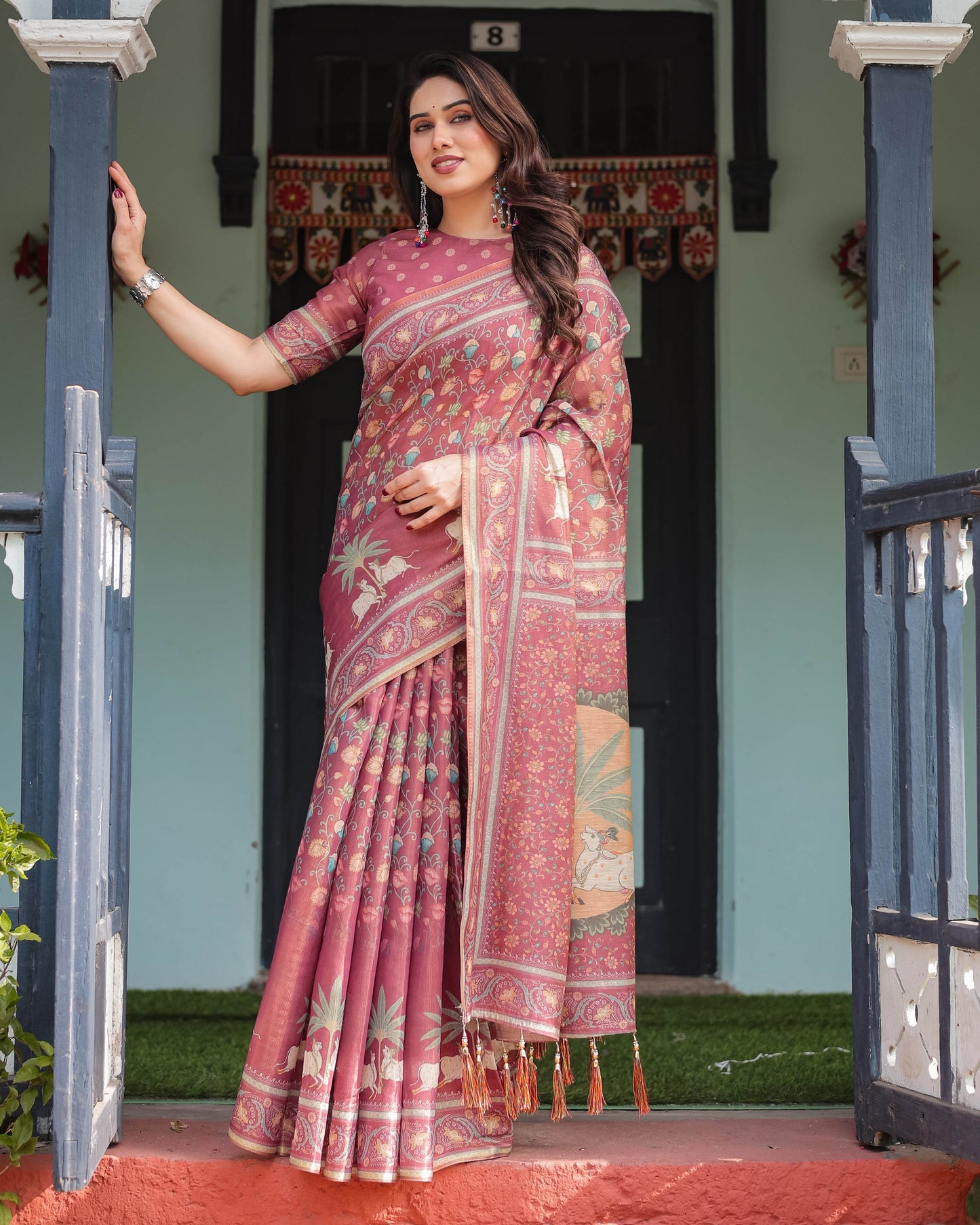 Mauve with Floral Motifs Linen Cotton Handloom Printed Saree, Pastoral Scene Pallu, and Tassels - SEEANS