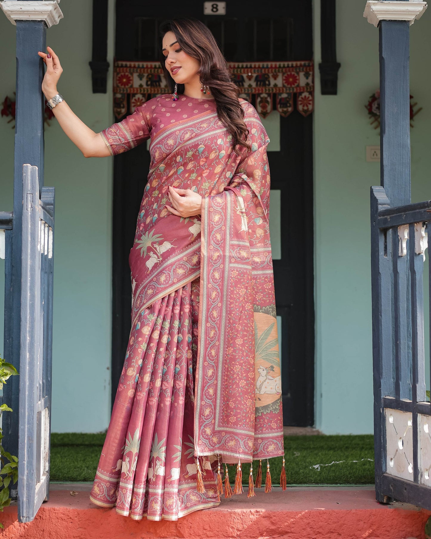 Mauve with Floral Motifs Linen Cotton Handloom Printed Saree, Pastoral Scene Pallu, and Tassels - SEEANS