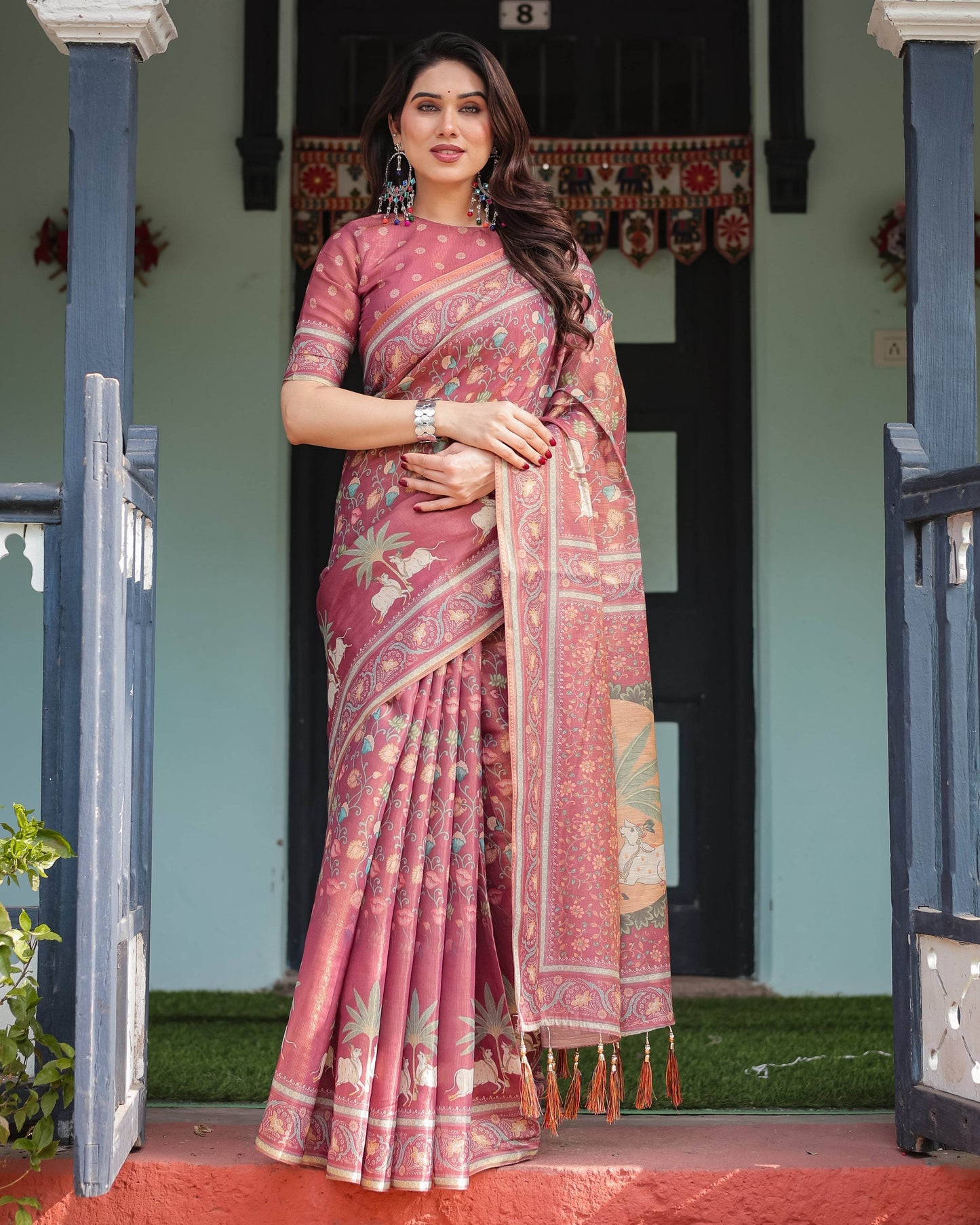 Mauve with Floral Motifs Linen Cotton Handloom Printed Saree, Pastoral Scene Pallu, and Tassels - SEEANS