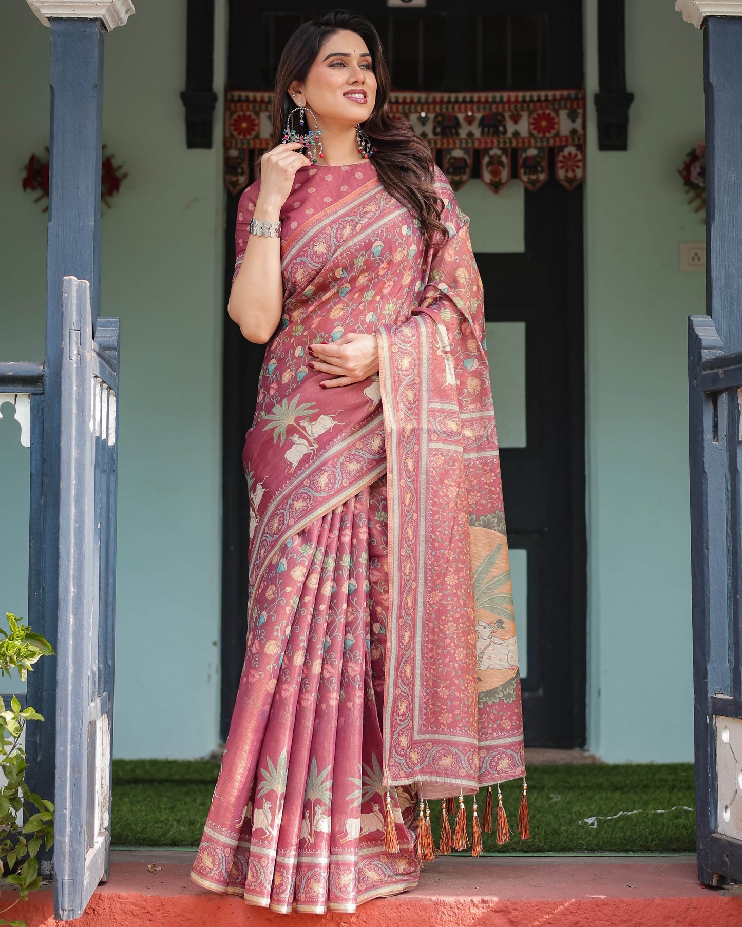 Mauve with Floral Motifs Linen Cotton Handloom Printed Saree, Pastoral Scene Pallu, and Tassels - SEEANS