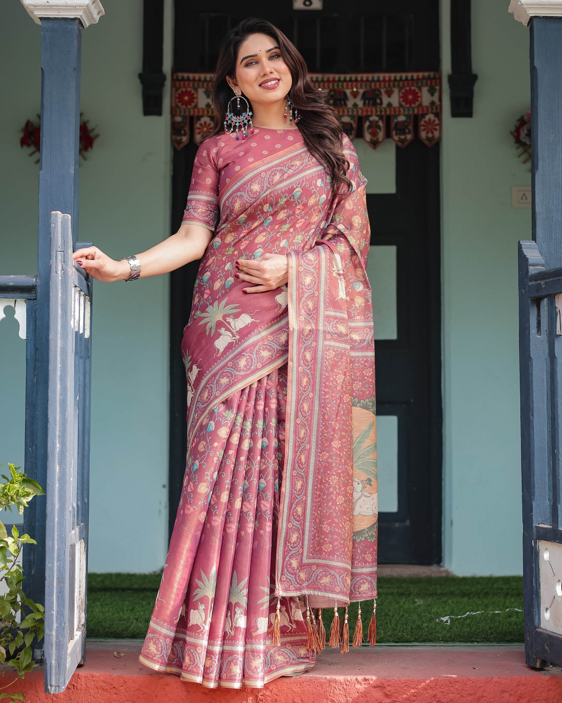 Mauve with Floral Motifs Linen Cotton Handloom Printed Saree, Pastoral Scene Pallu, and Tassels - SEEANS