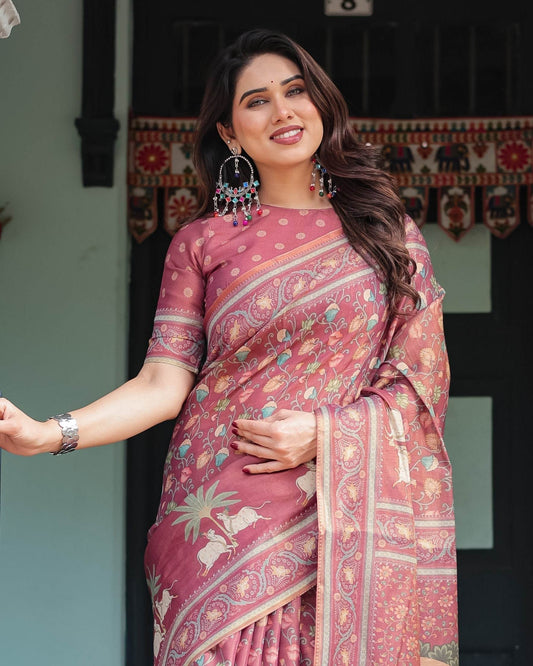 Mauve with Floral Motifs Linen Cotton Handloom Printed Saree, Pastoral Scene Pallu, and Tassels - SEEANS