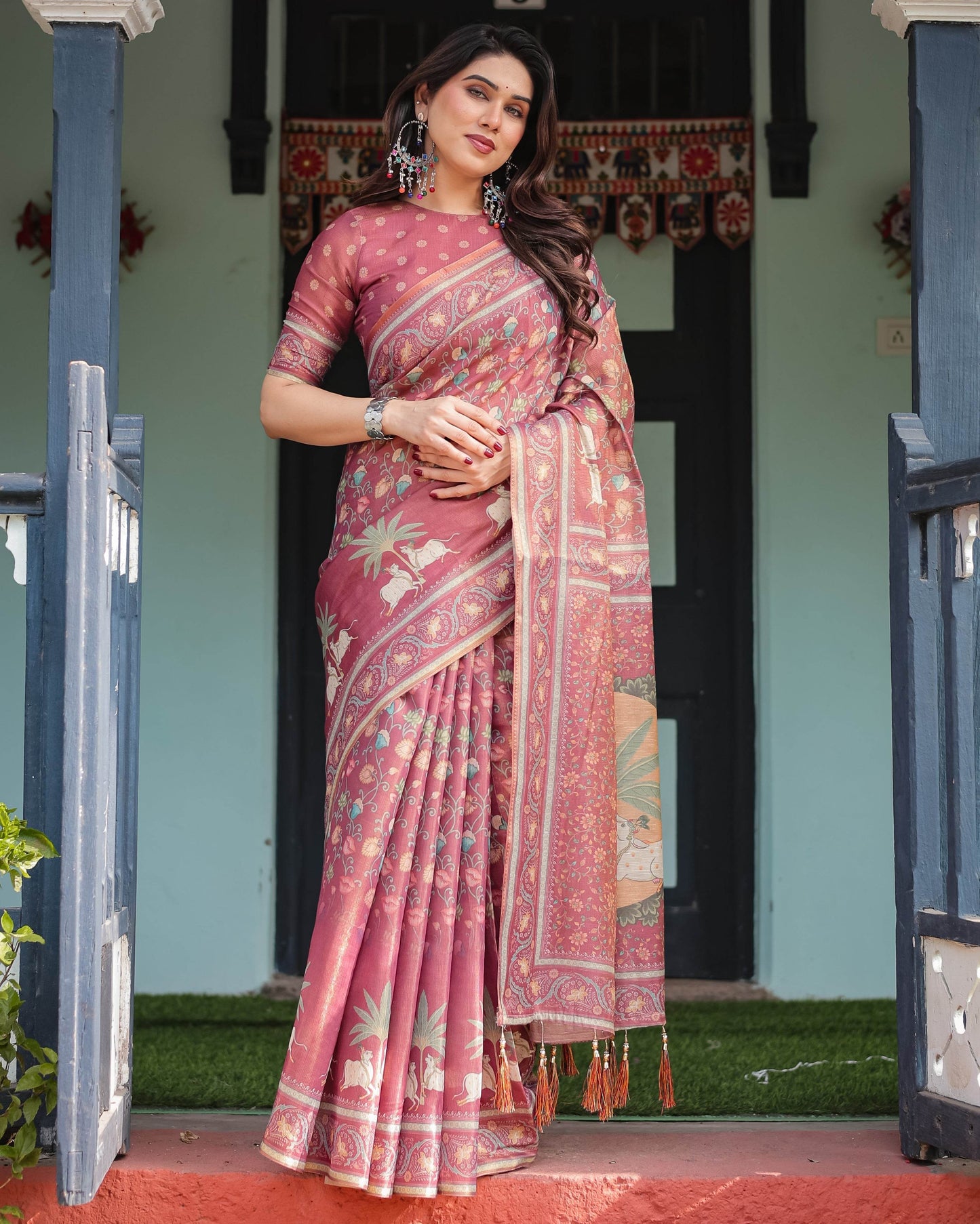 Mauve with Floral Motifs Linen Cotton Handloom Printed Saree, Pastoral Scene Pallu, and Tassels - SEEANS