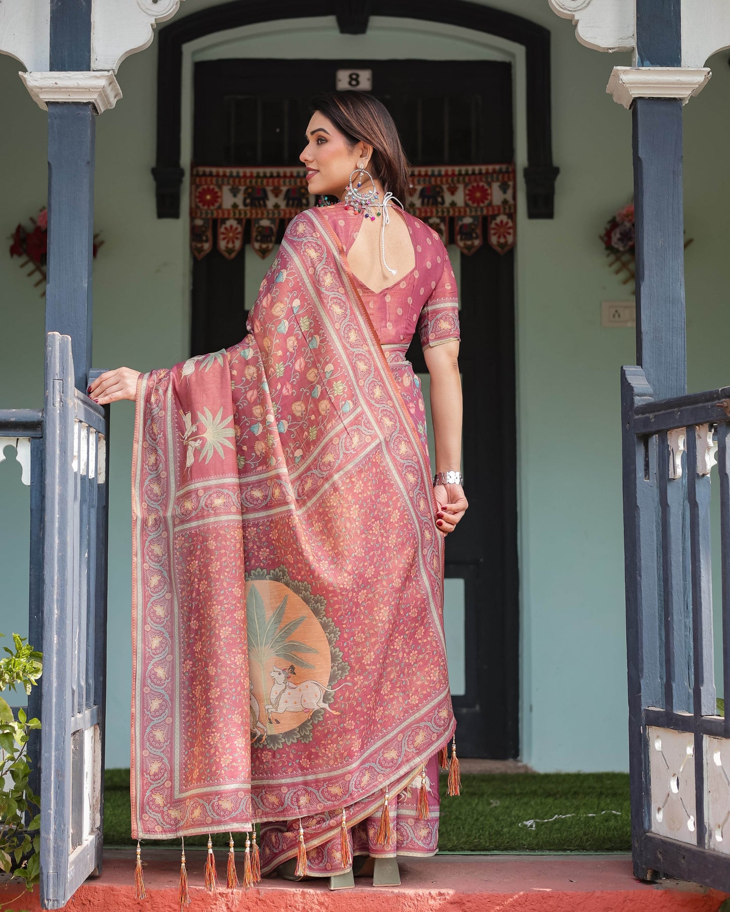 Mauve with Floral Motifs Linen Cotton Handloom Printed Saree, Pastoral Scene Pallu, and Tassels - SEEANS