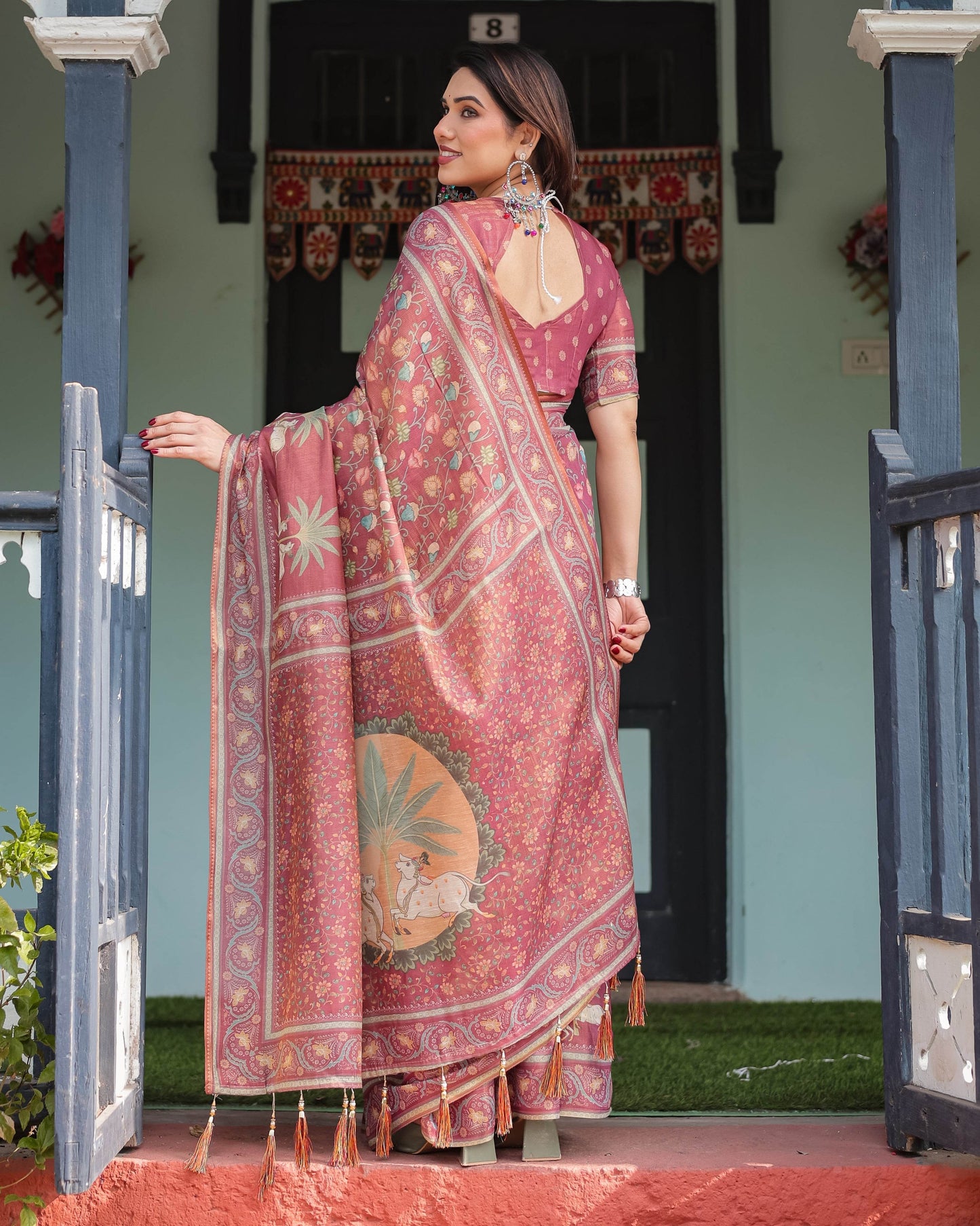 Mauve with Floral Motifs Linen Cotton Handloom Printed Saree, Pastoral Scene Pallu, and Tassels - SEEANS