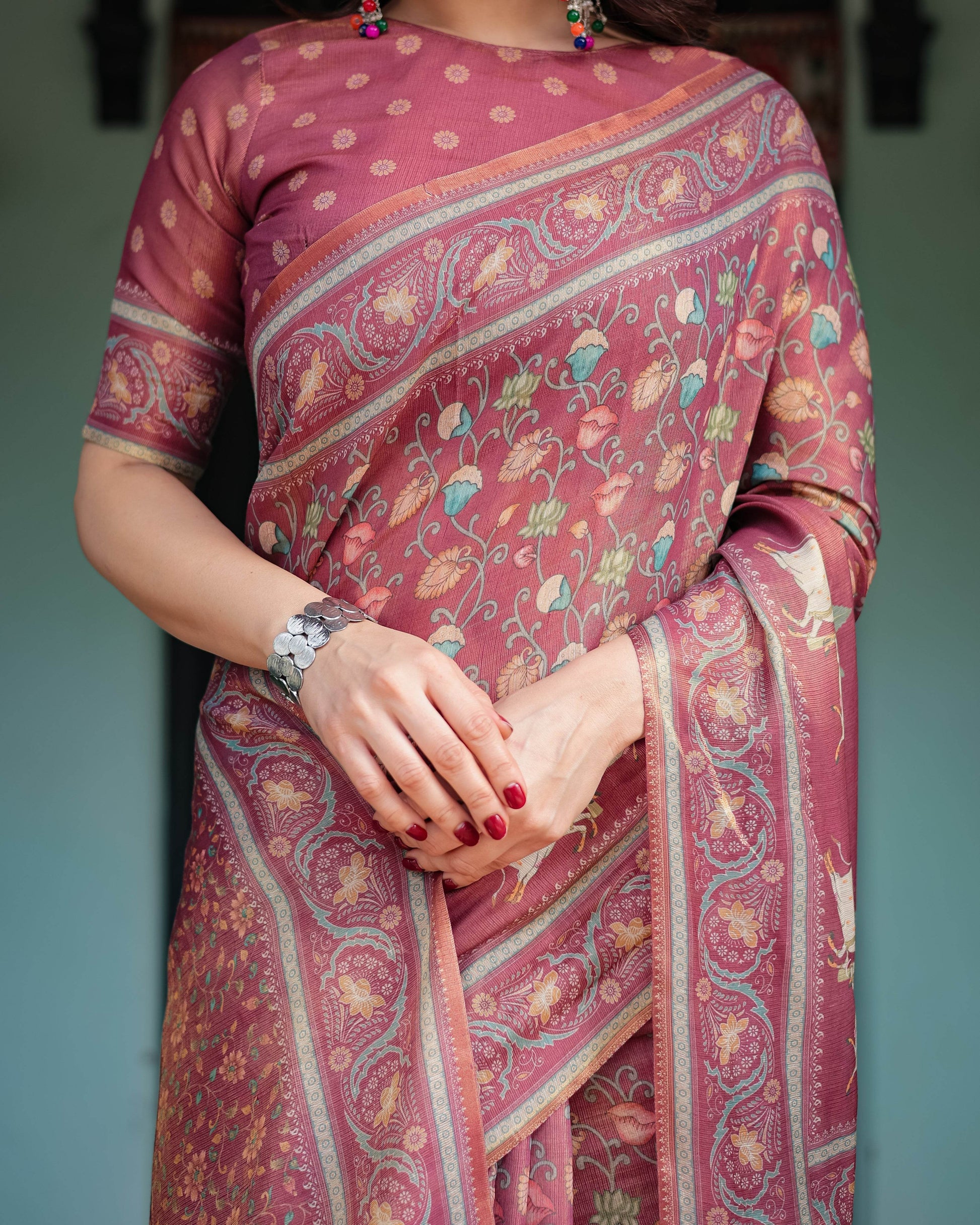 Mauve with Floral Motifs Linen Cotton Handloom Printed Saree, Pastoral Scene Pallu, and Tassels - SEEANS