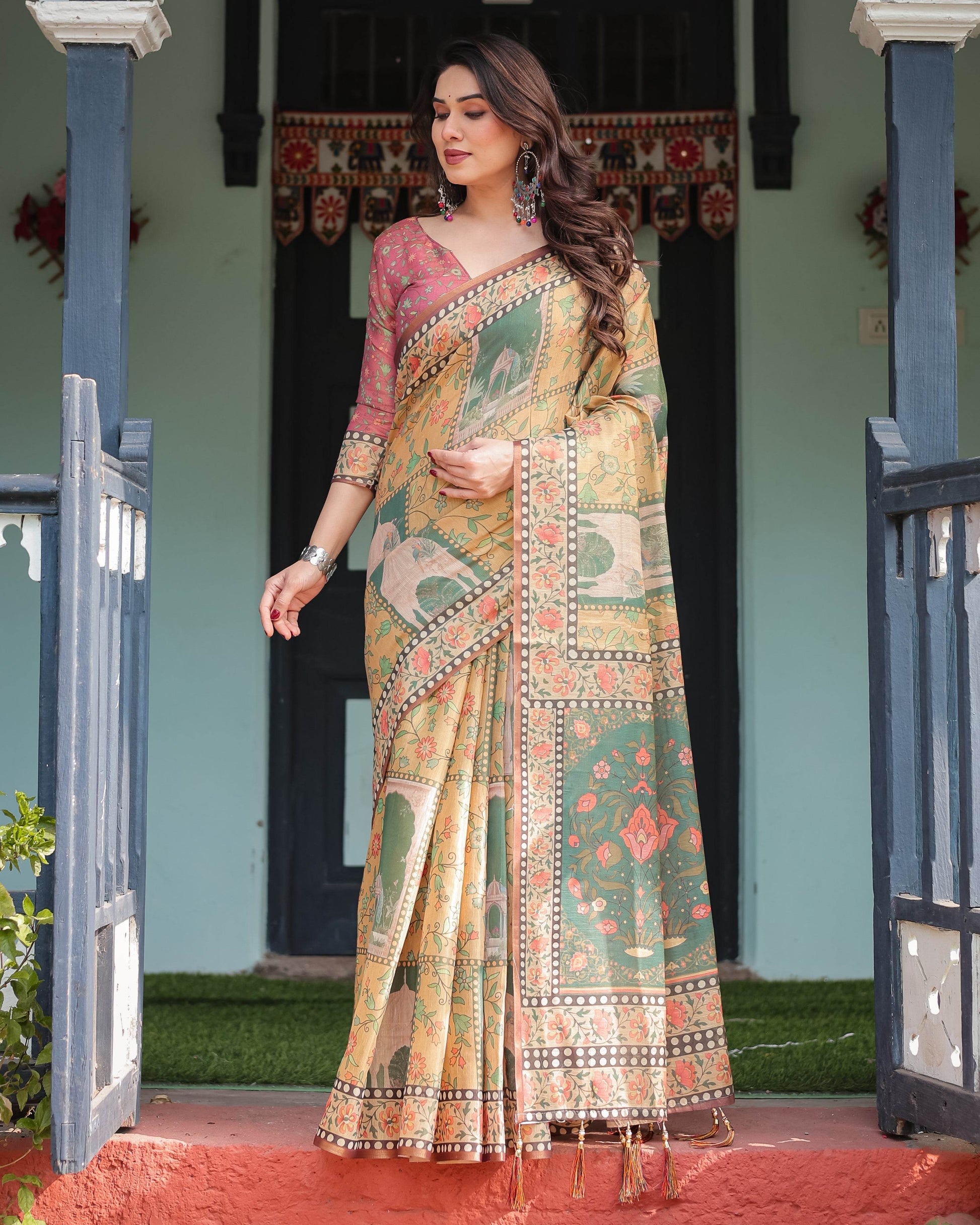 Mustard Yellow with Floral Motifs, Linen Cotton Handloom Printed Saree Architectural Pallu, and Tassels - SEEANS