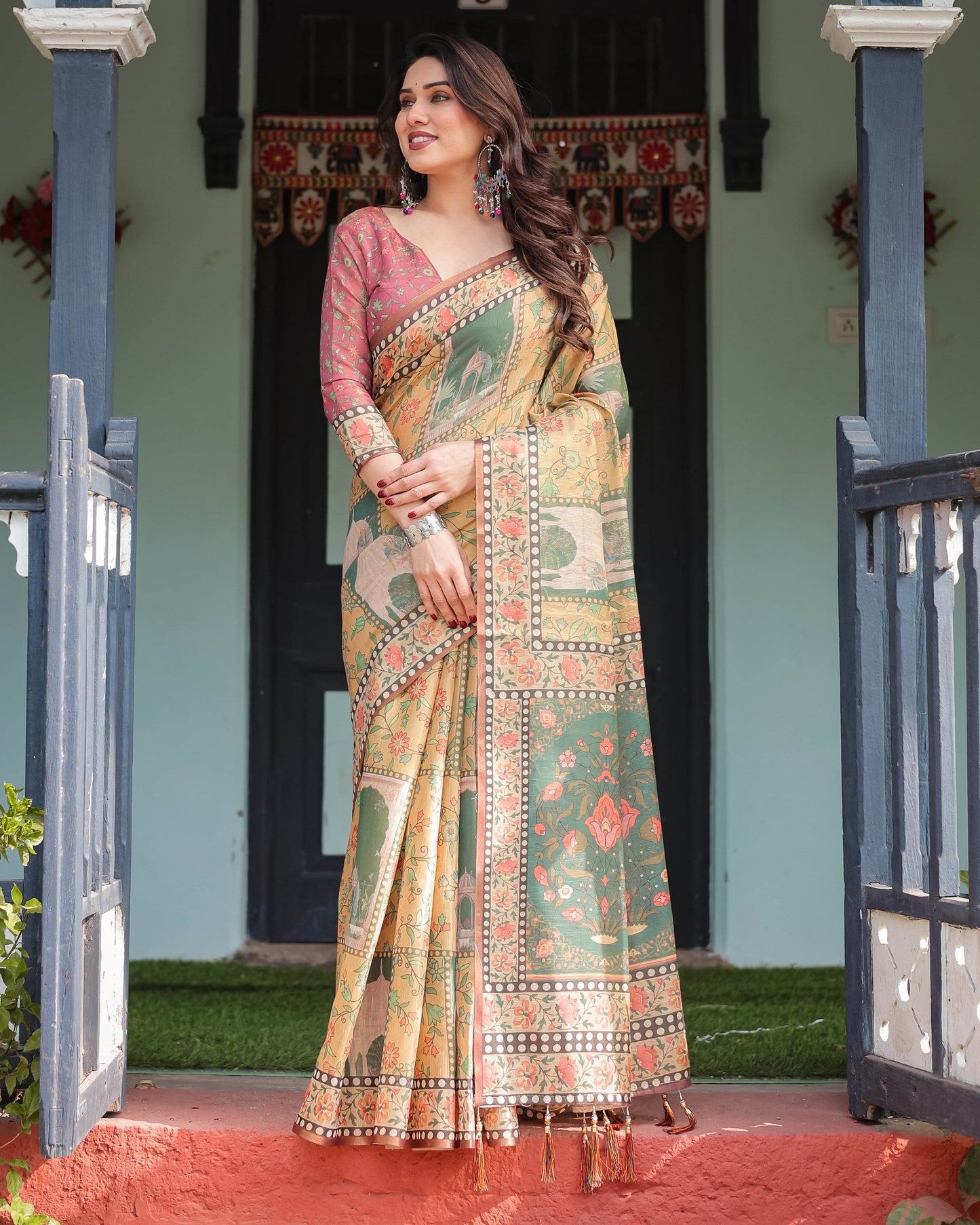 Mustard Yellow with Floral Motifs, Linen Cotton Handloom Printed Saree Architectural Pallu, and Tassels - SEEANS