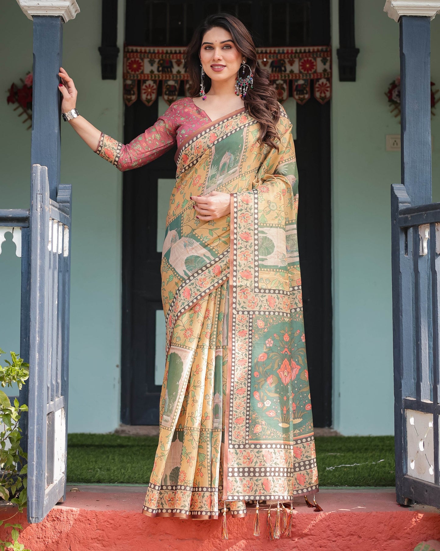 Mustard Yellow with Floral Motifs, Linen Cotton Handloom Printed Saree Architectural Pallu, and Tassels - SEEANS