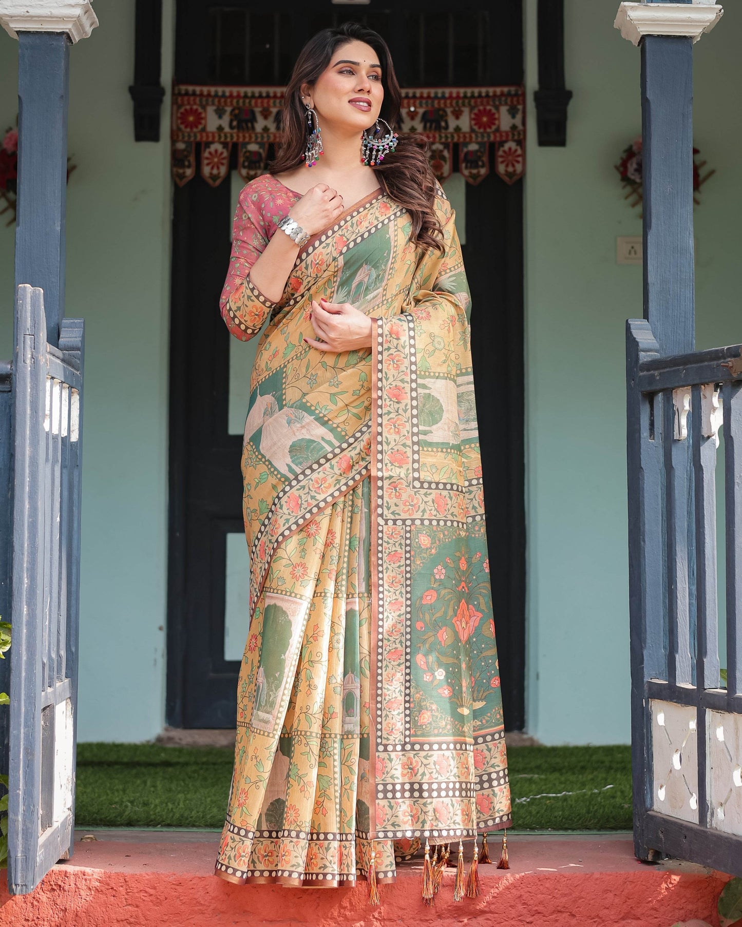 Mustard Yellow with Floral Motifs, Linen Cotton Handloom Printed Saree Architectural Pallu, and Tassels - SEEANS