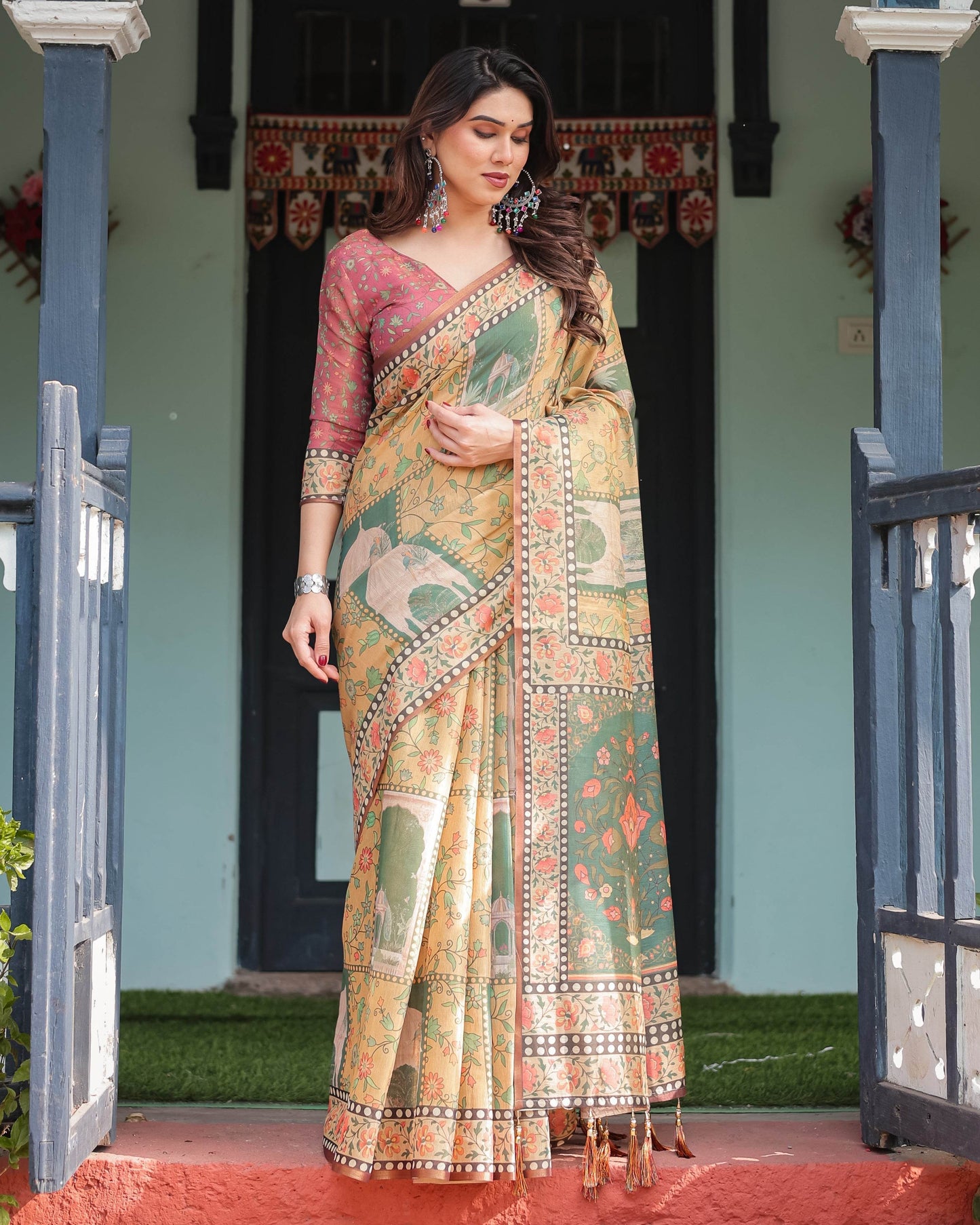 Mustard Yellow with Floral Motifs, Linen Cotton Handloom Printed Saree Architectural Pallu, and Tassels - SEEANS