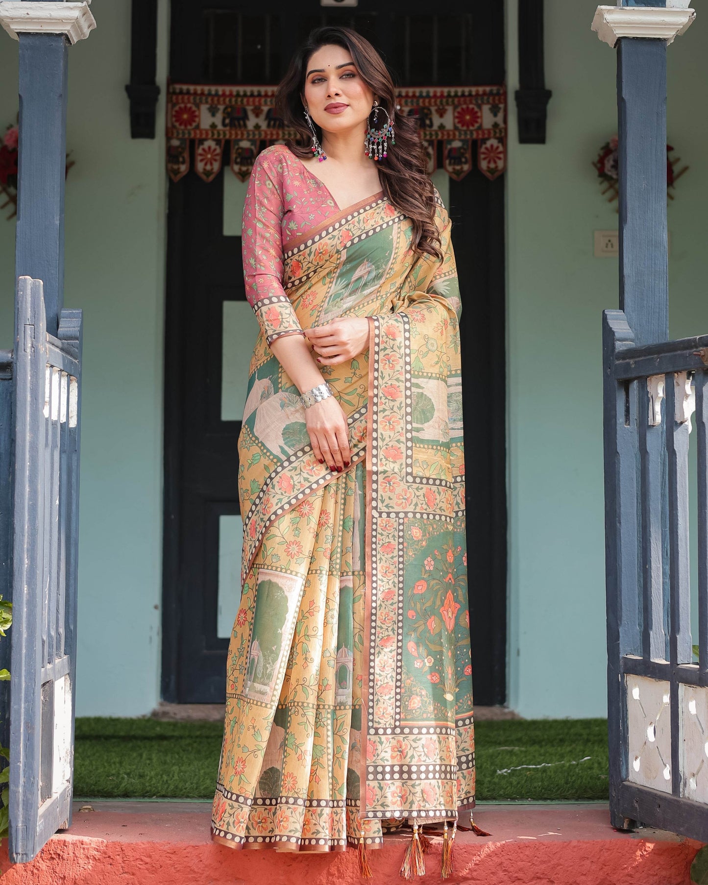 Mustard Yellow with Floral Motifs, Linen Cotton Handloom Printed Saree Architectural Pallu, and Tassels - SEEANS