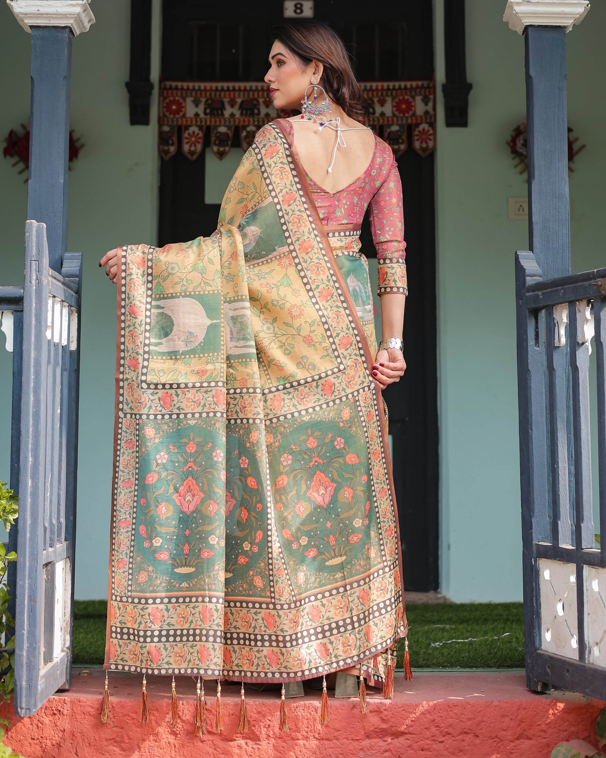 Mustard Yellow with Floral Motifs, Linen Cotton Handloom Printed Saree Architectural Pallu, and Tassels - SEEANS