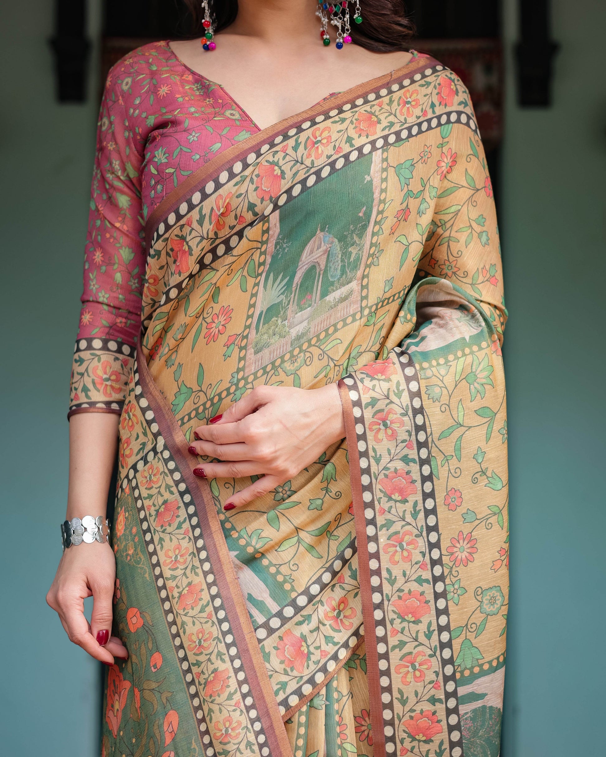 Mustard Yellow with Floral Motifs, Linen Cotton Handloom Printed Saree Architectural Pallu, and Tassels - SEEANS