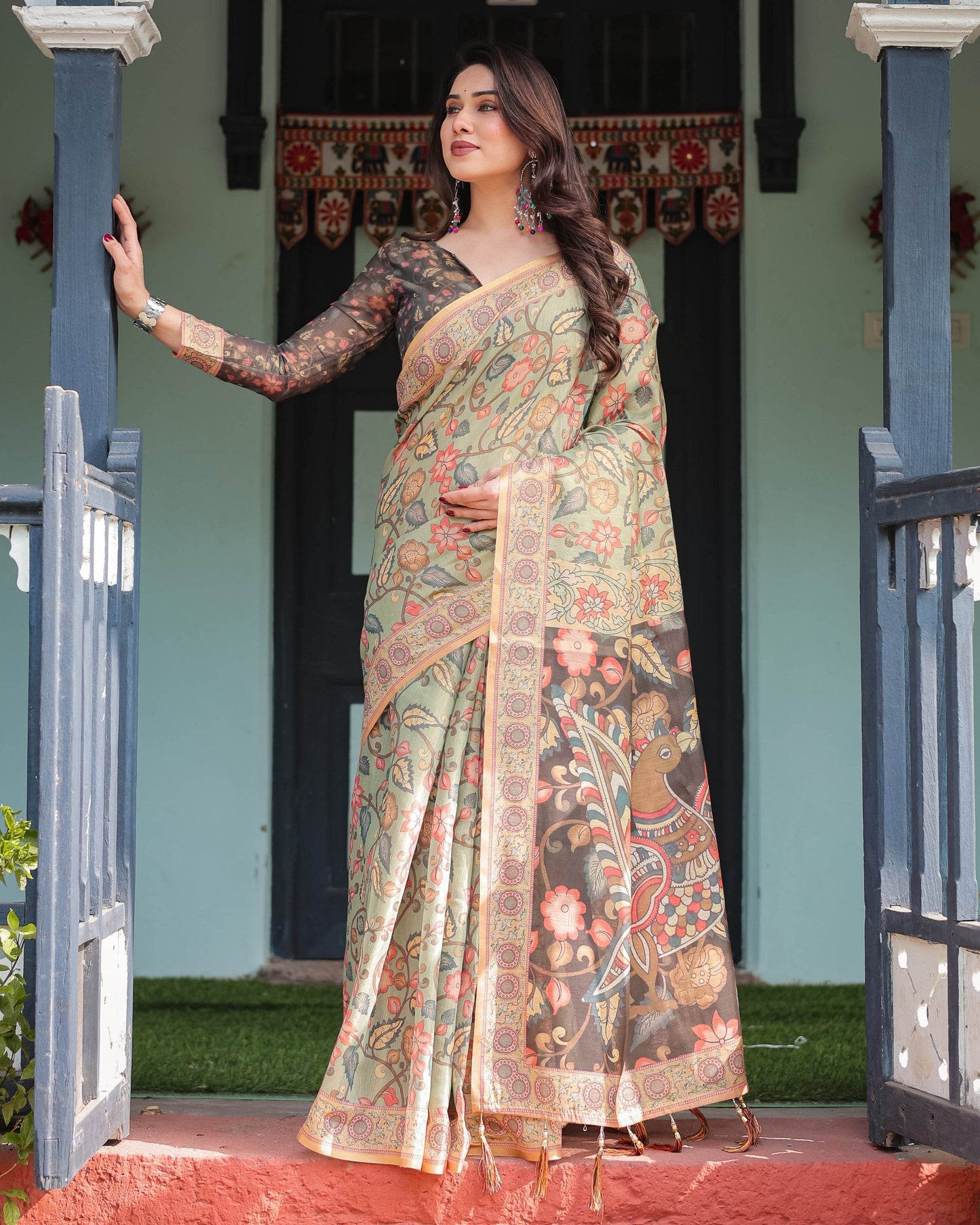 Sage Green with Bold Floral Motifs Linen Cotton Handloom Printed Saree, Vibrant Peacock Pallu, and Tassels - SEEANS