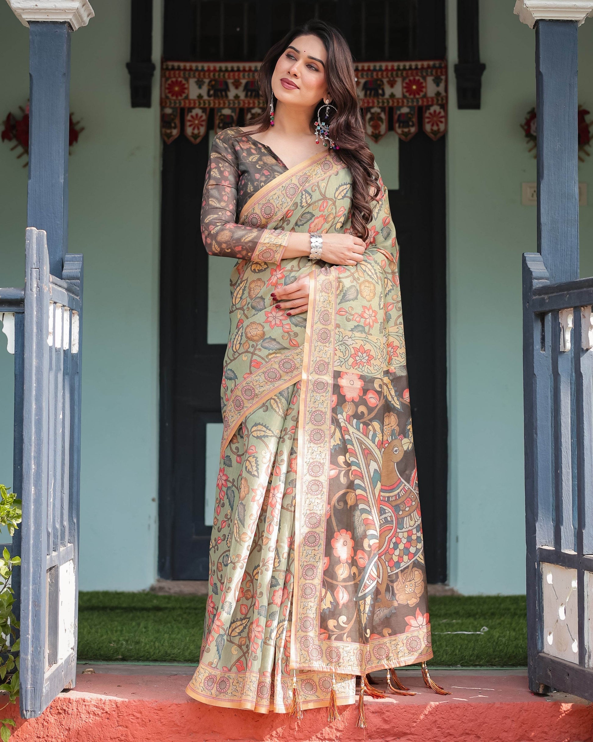 Sage Green with Bold Floral Motifs Linen Cotton Handloom Printed Saree, Vibrant Peacock Pallu, and Tassels - SEEANS