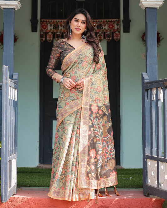 Sage Green with Bold Floral Motifs Linen Cotton Handloom Printed Saree, Vibrant Peacock Pallu, and Tassels - SEEANS