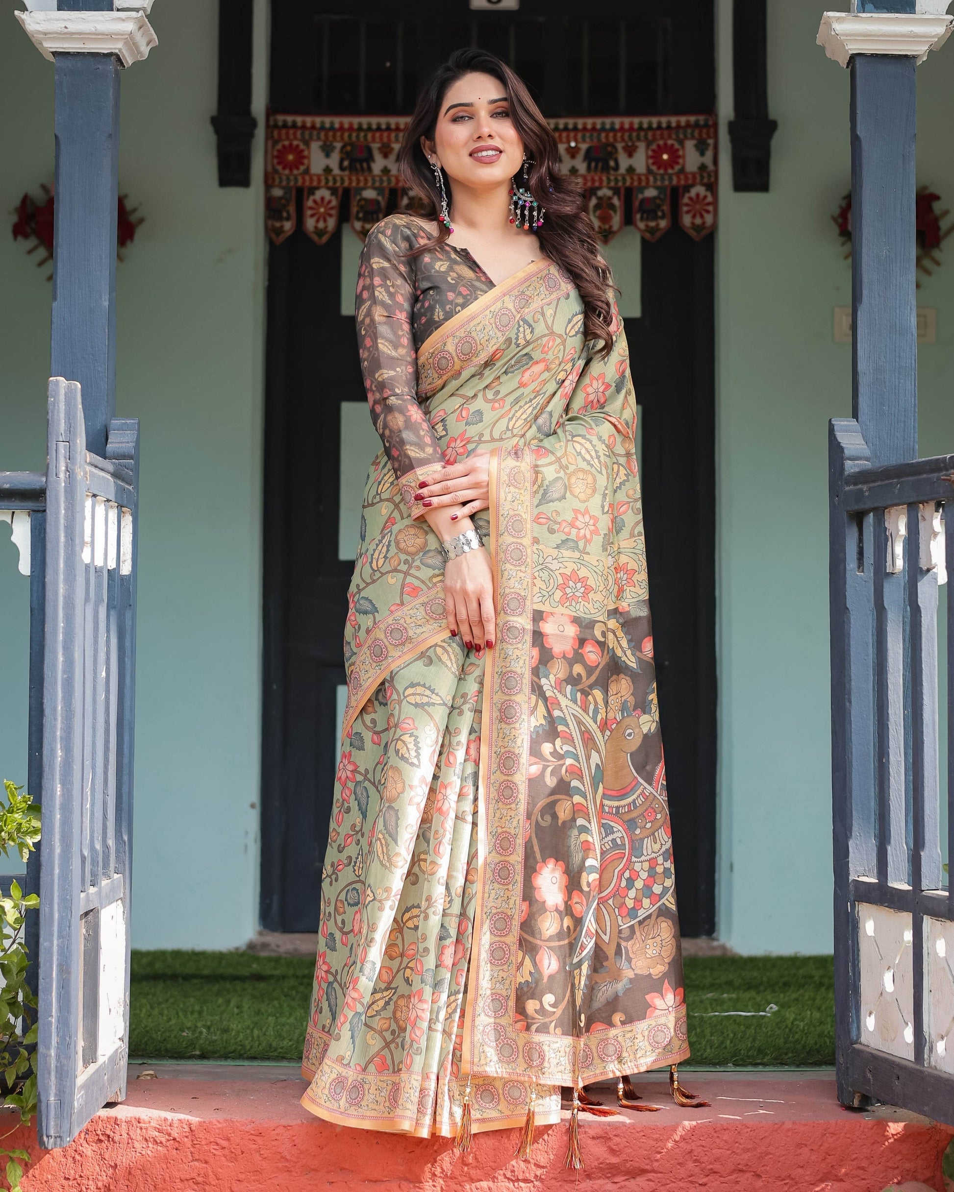 Sage Green with Bold Floral Motifs Linen Cotton Handloom Printed Saree, Vibrant Peacock Pallu, and Tassels - SEEANS