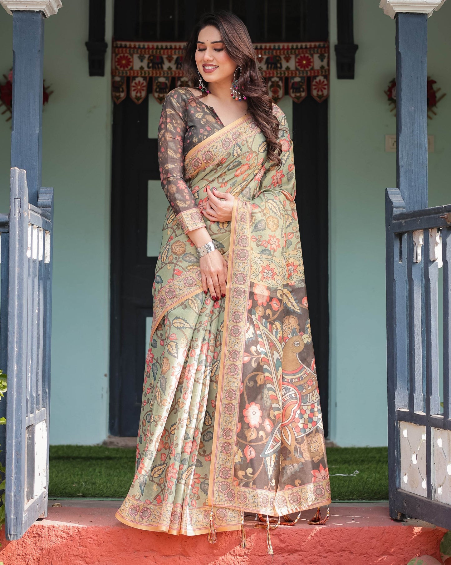 Sage Green with Bold Floral Motifs Linen Cotton Handloom Printed Saree, Vibrant Peacock Pallu, and Tassels - SEEANS