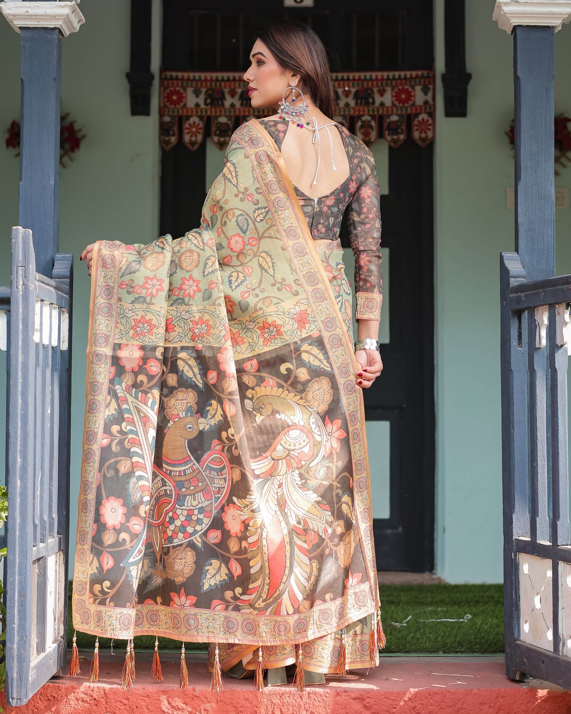 Sage Green with Bold Floral Motifs Linen Cotton Handloom Printed Saree, Vibrant Peacock Pallu, and Tassels - SEEANS