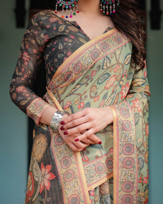 Sage Green with Bold Floral Motifs Linen Cotton Handloom Printed Saree, Vibrant Peacock Pallu, and Tassels - SEEANS