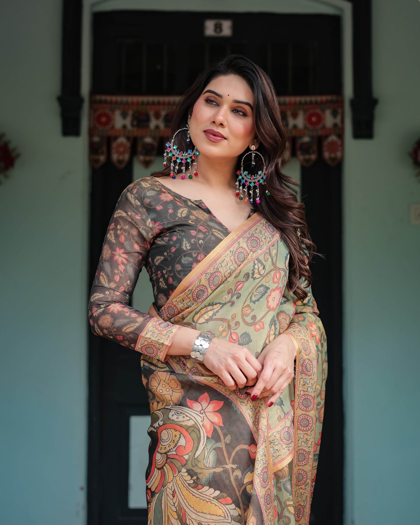 Sage Green with Bold Floral Motifs Linen Cotton Handloom Printed Saree, Vibrant Peacock Pallu, and Tassels - SEEANS