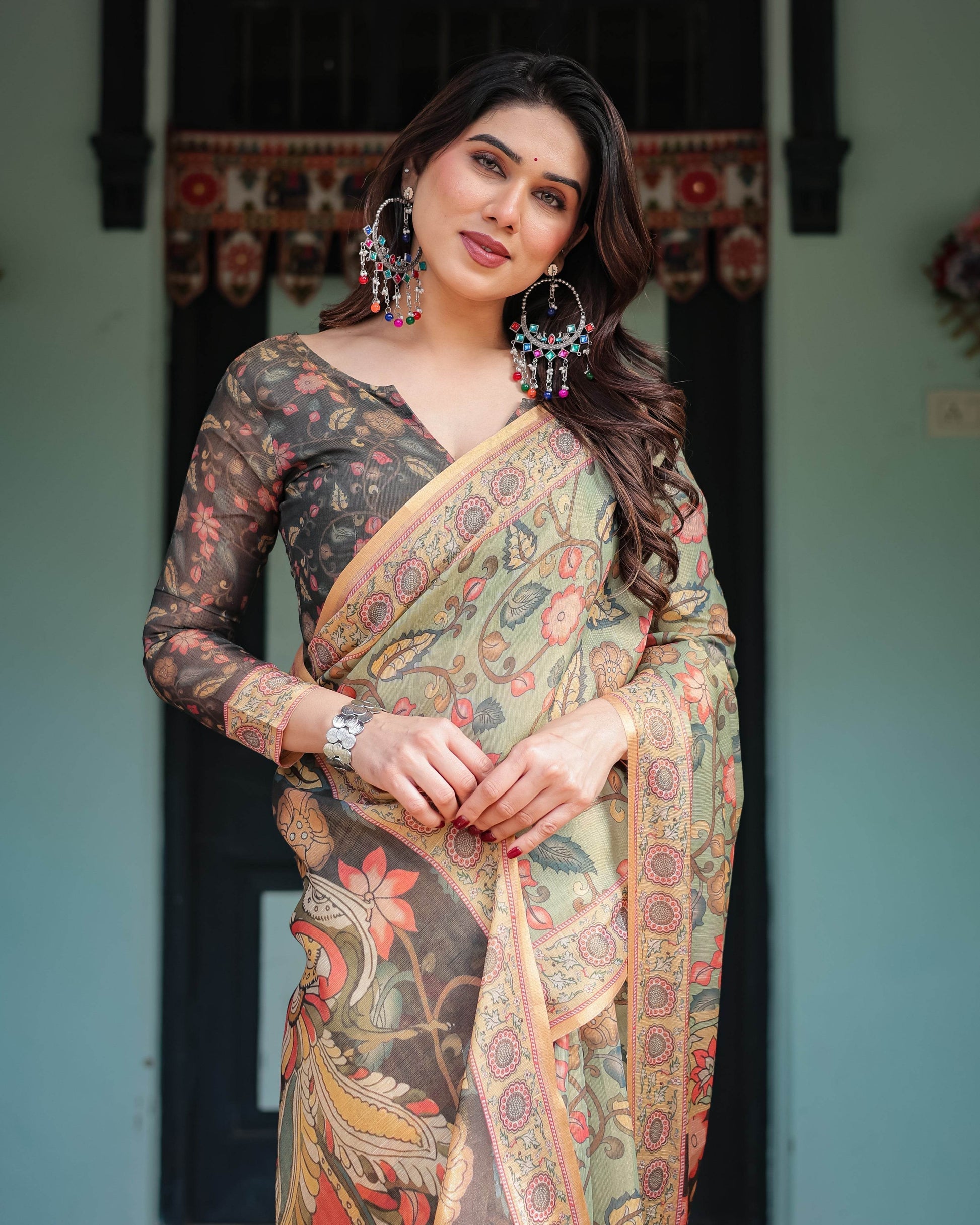 Sage Green with Bold Floral Motifs Linen Cotton Handloom Printed Saree, Vibrant Peacock Pallu, and Tassels - SEEANS