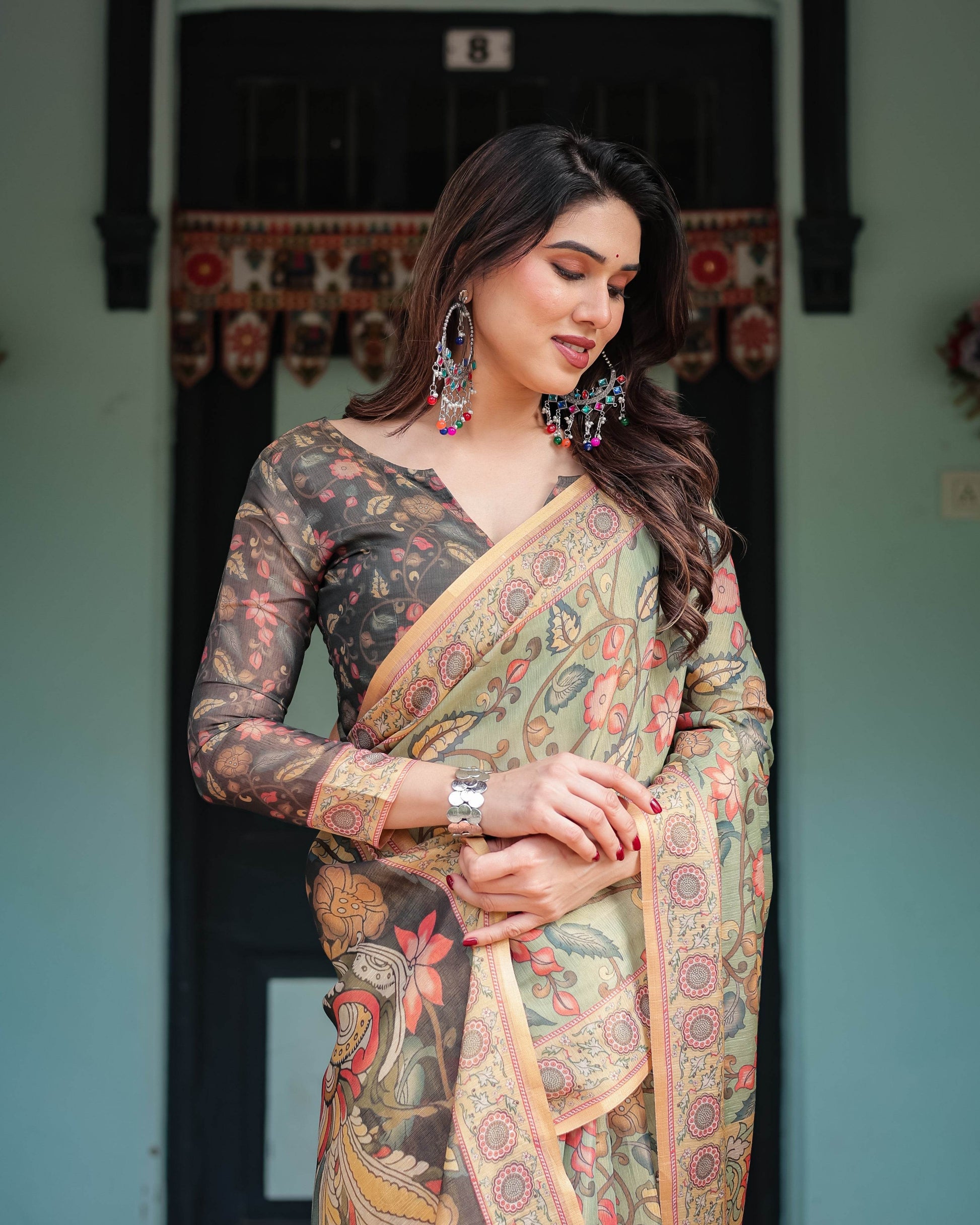 Sage Green with Bold Floral Motifs Linen Cotton Handloom Printed Saree, Vibrant Peacock Pallu, and Tassels - SEEANS