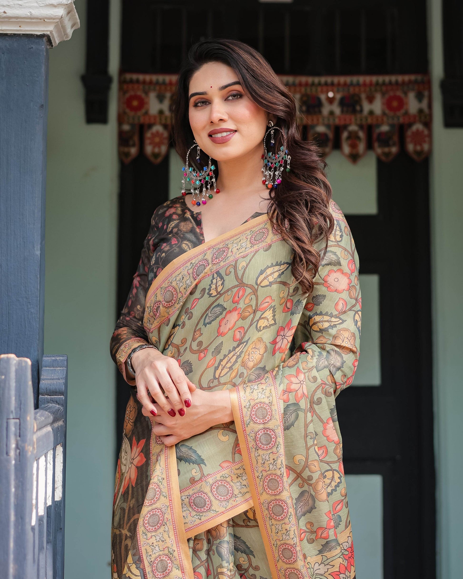 Sage Green with Bold Floral Motifs Linen Cotton Handloom Printed Saree, Vibrant Peacock Pallu, and Tassels - SEEANS