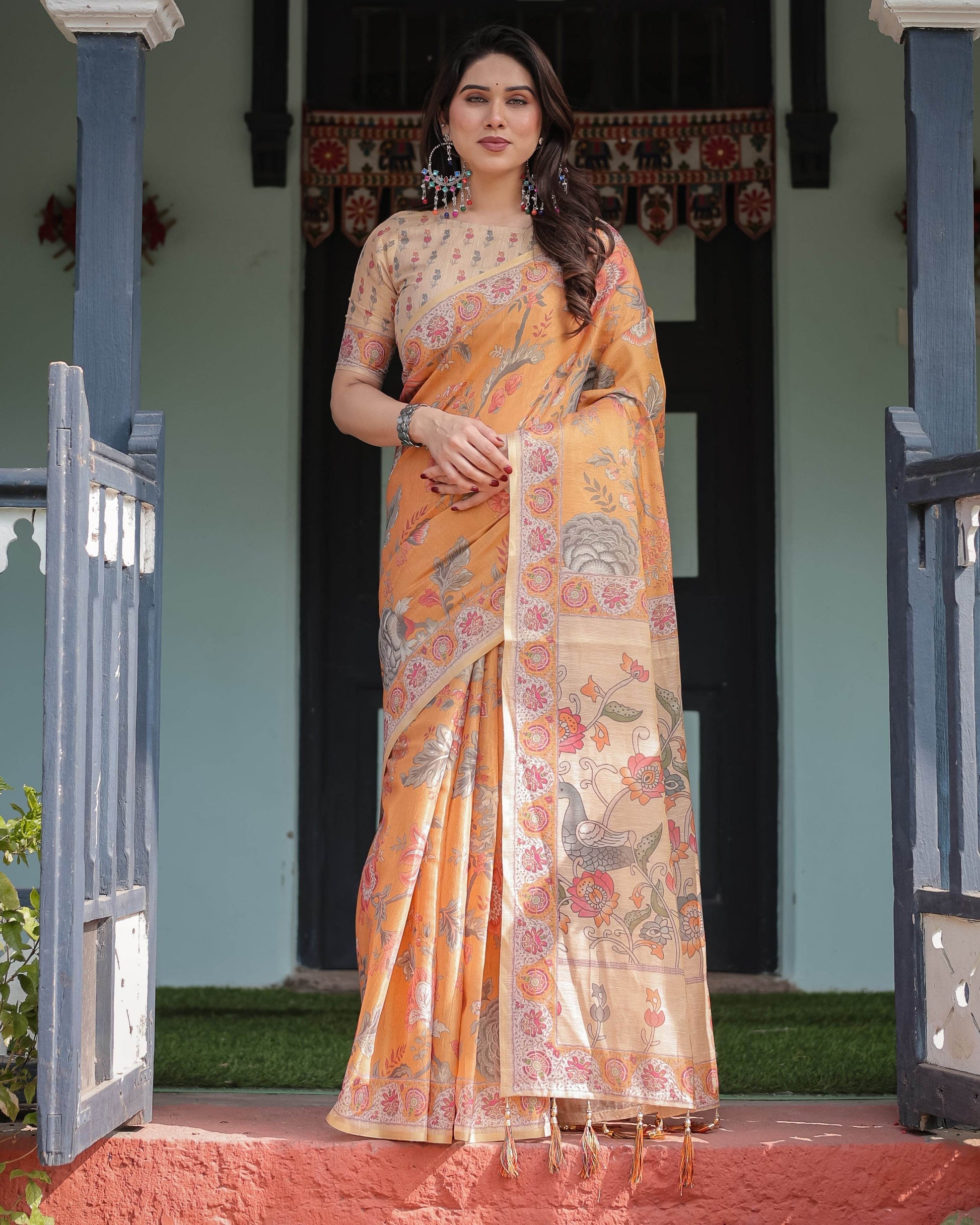 Sunny Mustard with Floral Motifs Linen Cotton Handloom Printed Saree, Delicate Borders, and Tassels - SEEANS