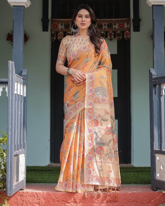 Sunny Mustard with Floral Motifs Linen Cotton Handloom Printed Saree, Delicate Borders, and Tassels - SEEANS