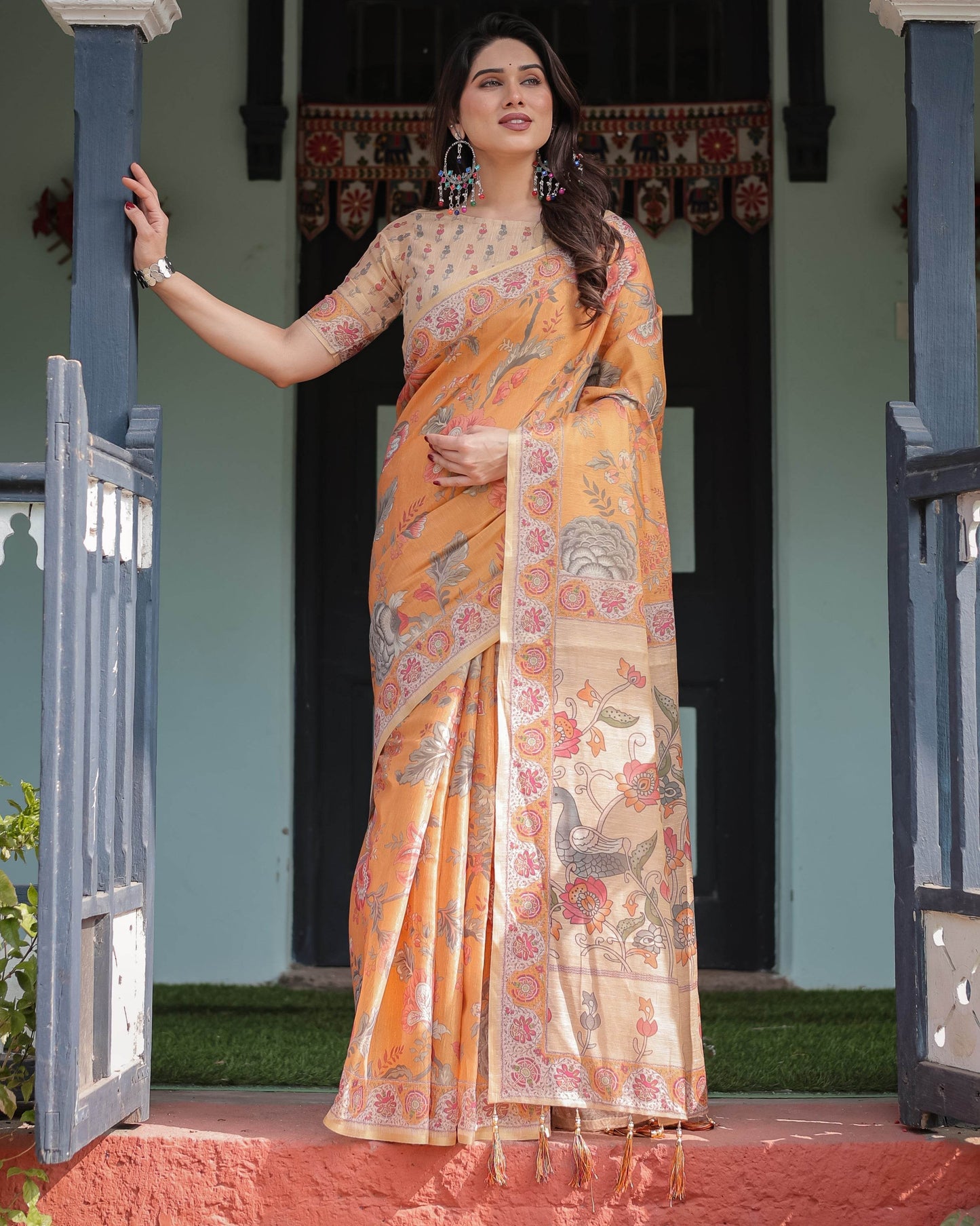 Sunny Mustard with Floral Motifs Linen Cotton Handloom Printed Saree, Delicate Borders, and Tassels - SEEANS