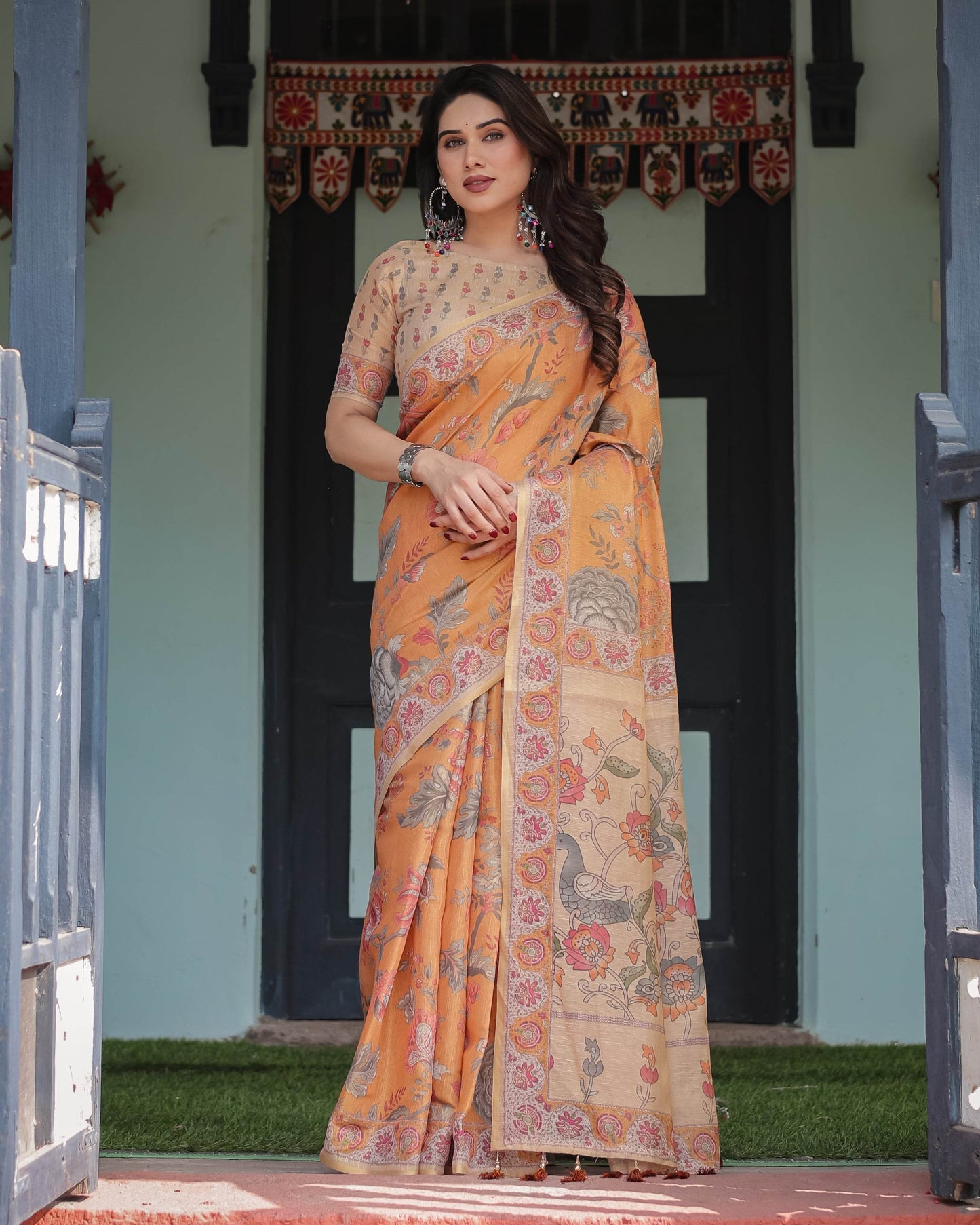 Sunny Mustard with Floral Motifs Linen Cotton Handloom Printed Saree, Delicate Borders, and Tassels - SEEANS