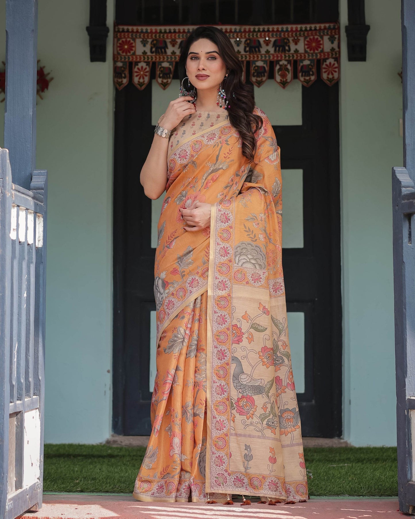 Sunny Mustard with Floral Motifs Linen Cotton Handloom Printed Saree, Delicate Borders, and Tassels - SEEANS